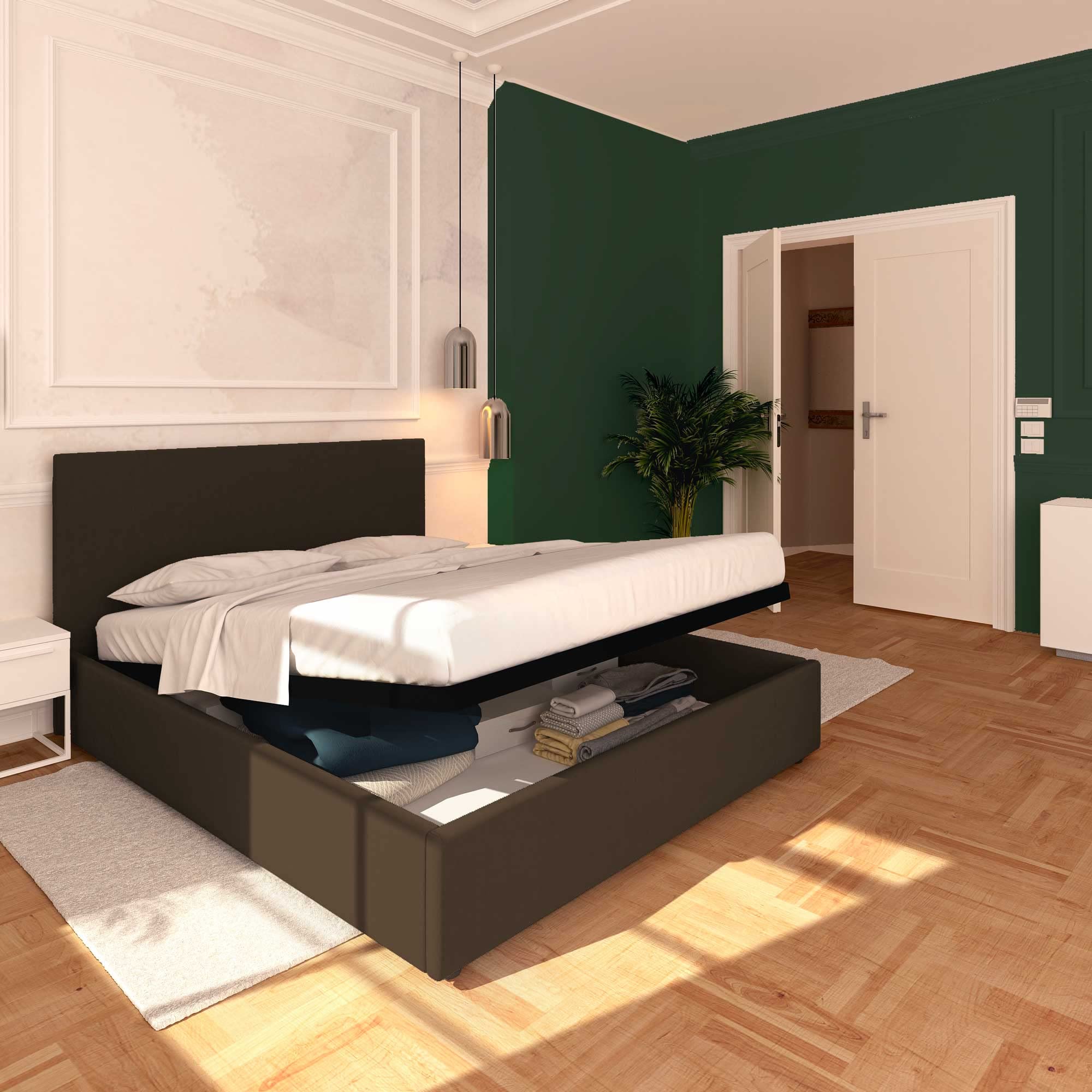 Baldiflex Rossano Queen Size Bed Frame with Storage - Synthetic Leather Upholstery, Slatted Base for Mattress Support, 140x200cm, Elegant Dark Brown Headboard - Perfect for Master Bedroom, Guest Room, or Small Space