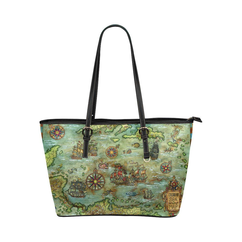 Vintage Pirate Map & Skull Leather Tote Bag for Women - Stylish Shoulder Handbag for Travel, Work, and Everyday Use