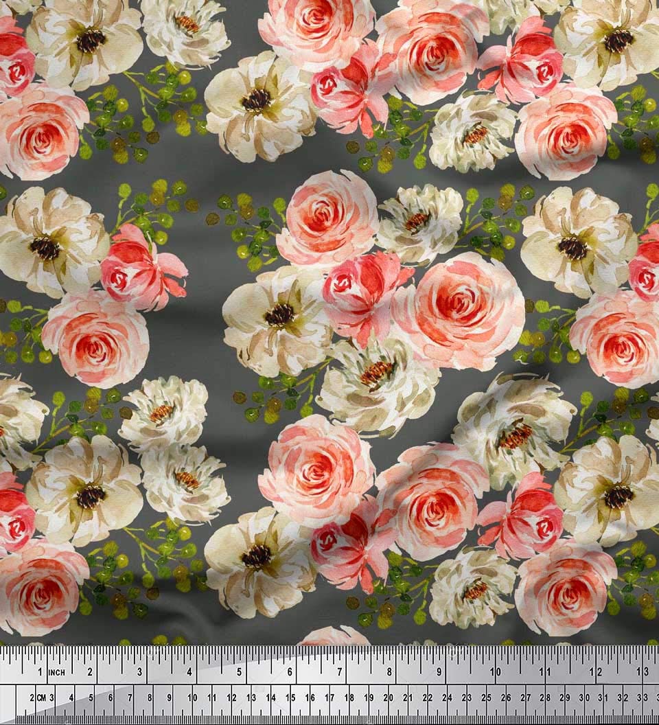 Soimoi Moss Georgette Brown Floral Fabric by The Yard - 42 Inch Wide Printed Fabric with Playful Flower Bunch Patterns for Dresses, Curtains & DIY Crafts