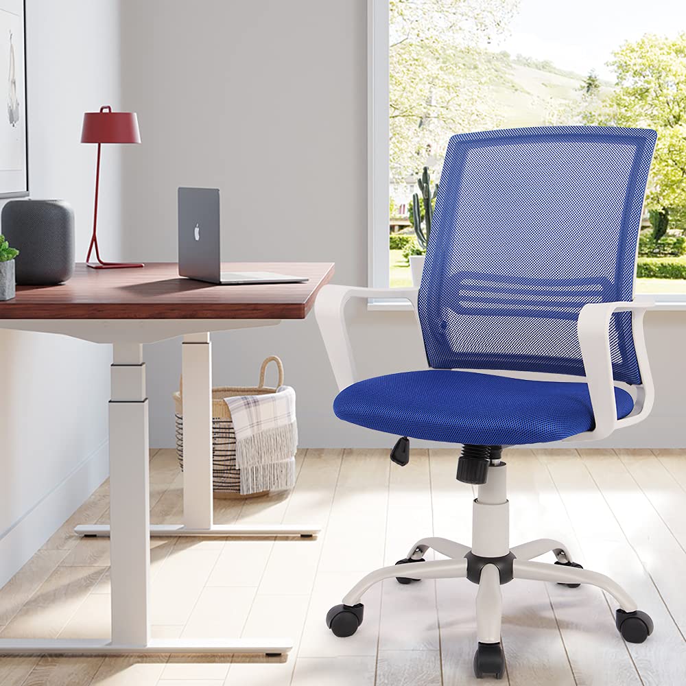 Ergonomic Office Chair with Lumbar Support - Adjustable Mesh Computer Desk Chair with Wheels & Arms for Home Office, Study, or Work - Mid Back Task Swivel Chair in Ocean Blue - Perfect for Long Hours of Comfortable Sitting & Productivity