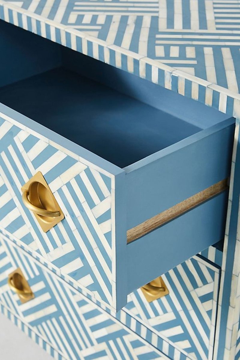 Handmade Bone Inlay Chest of Drawers - 6-Drawer Storage Cabinet with Optical Design in Sky Blue | Perfect for Bedroom, Living Room & Office Organization