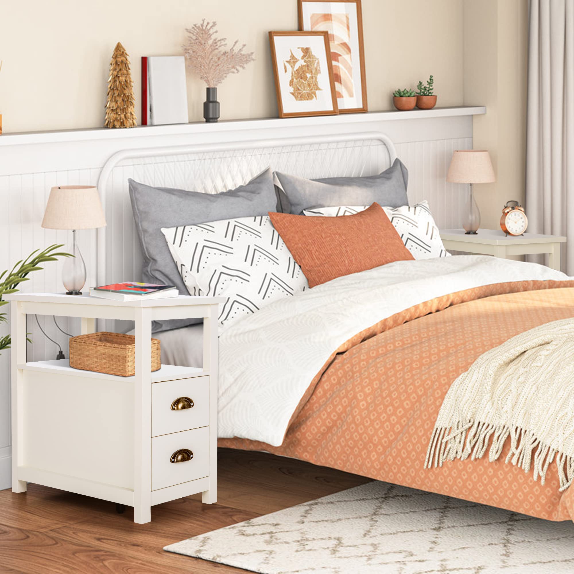 PHI VILLA Narrow End Table with 2 Drawers - Modern Nightstand, Small Side Table for Bedroom, Living Room | Perfect as Bedside Table, Sofa Table, or Entryway Accent Piece