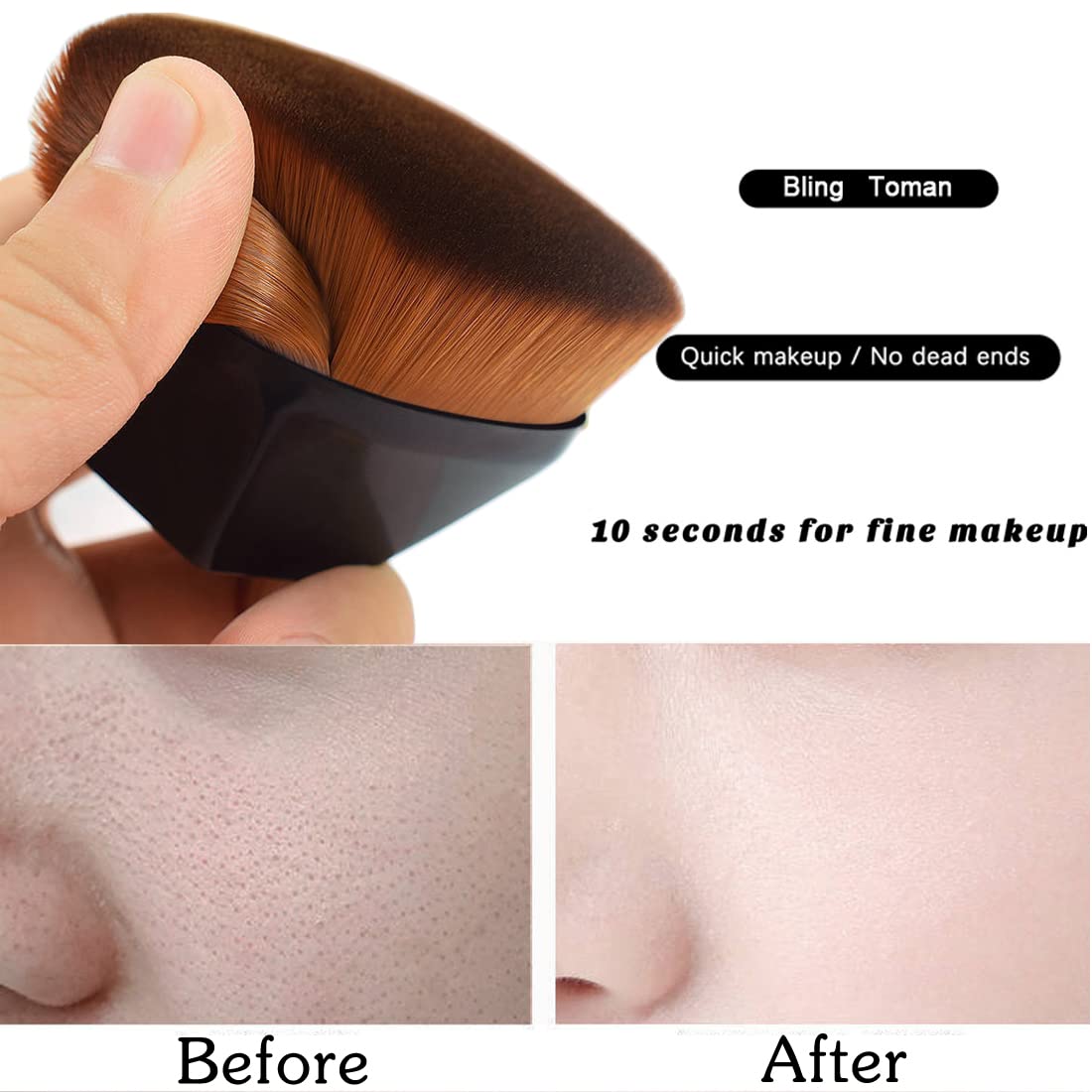 **BlingToman Angled Flat Kabuki Makeup Brush - Face & Body Foundation Brush for Liquid, Powder, Cream - Blush, Contour, Buffing, Stippling & Blending (Black & Rose Gold) - Perfect for Professional Makeup & Everyday Beauty Routine**