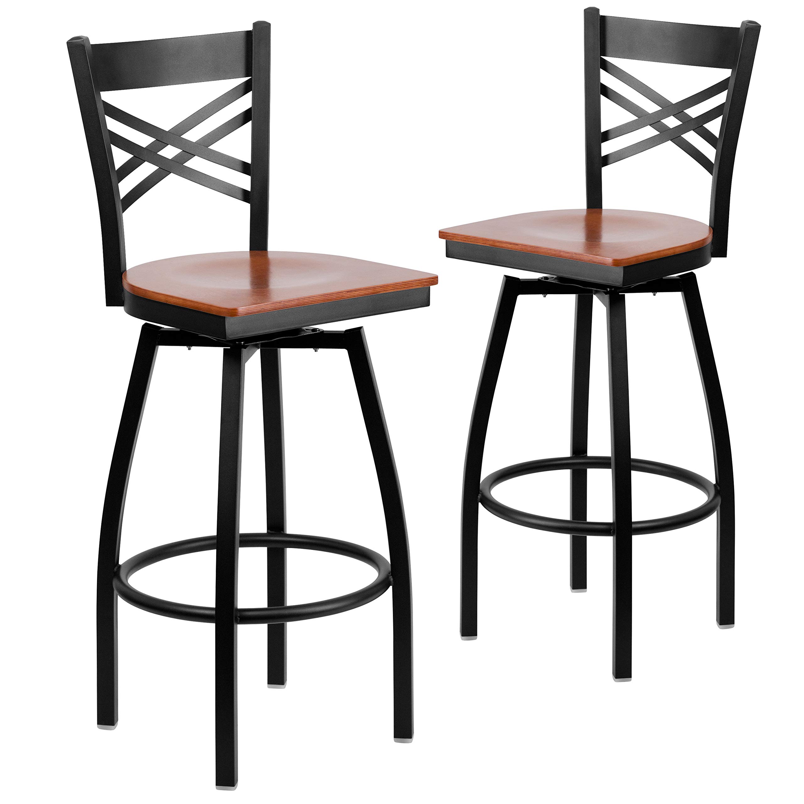 2 Pack Black X-Back Swivel Metal Barstools with Cherry Wood Seat - Modern Kitchen Island & Bar Counter Stools for Home & Restaurant Use