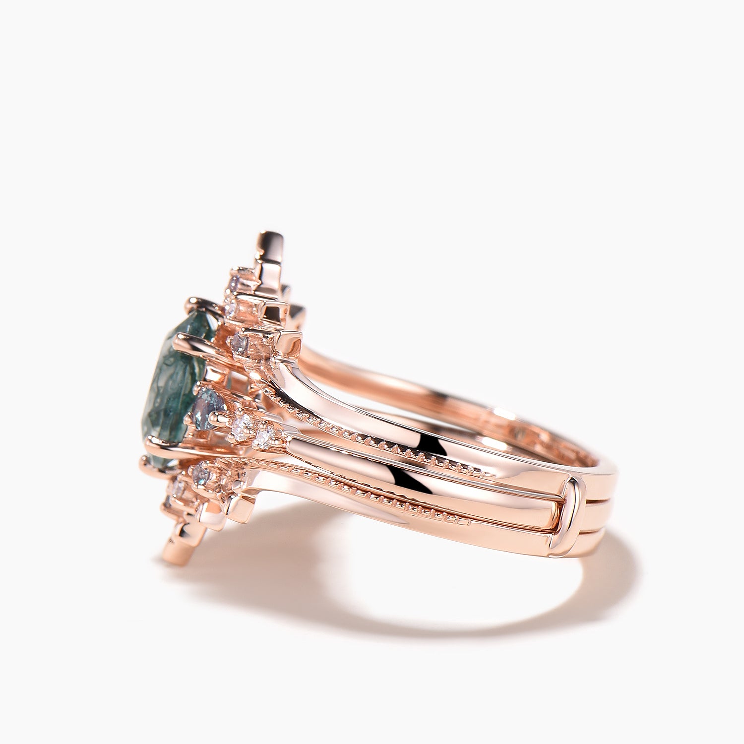 Natural Oval Cut Moss Agate Engagement Ring with Alexandrite & Diamond Accents - Wedding Band Enhancer for Bridal Jewelry & Special Occasions