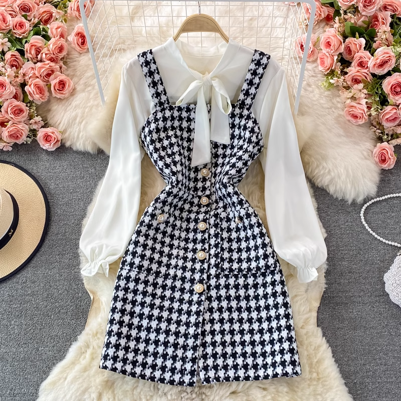 Elegant Autumn Bow Knot Blouse & Plaid Suspenders Dress 2-Piece Set 1387 | Women's Fashion Outfit for Fall, Office Wear & Special Occasions