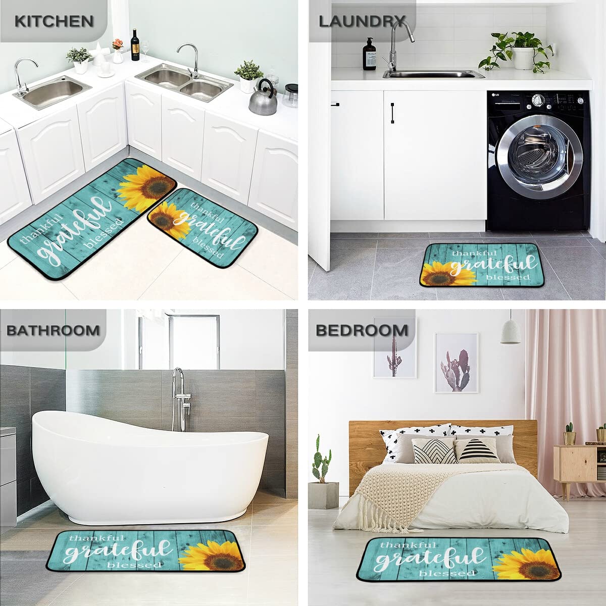 Non-Slip Washable 2-Piece Teal Sunflower Kitchen Rug Set - Turquoise Runner Mats for Floors, Laundry Room & Home Decor | Perfect for Farmhouse Kitchens & Entryways