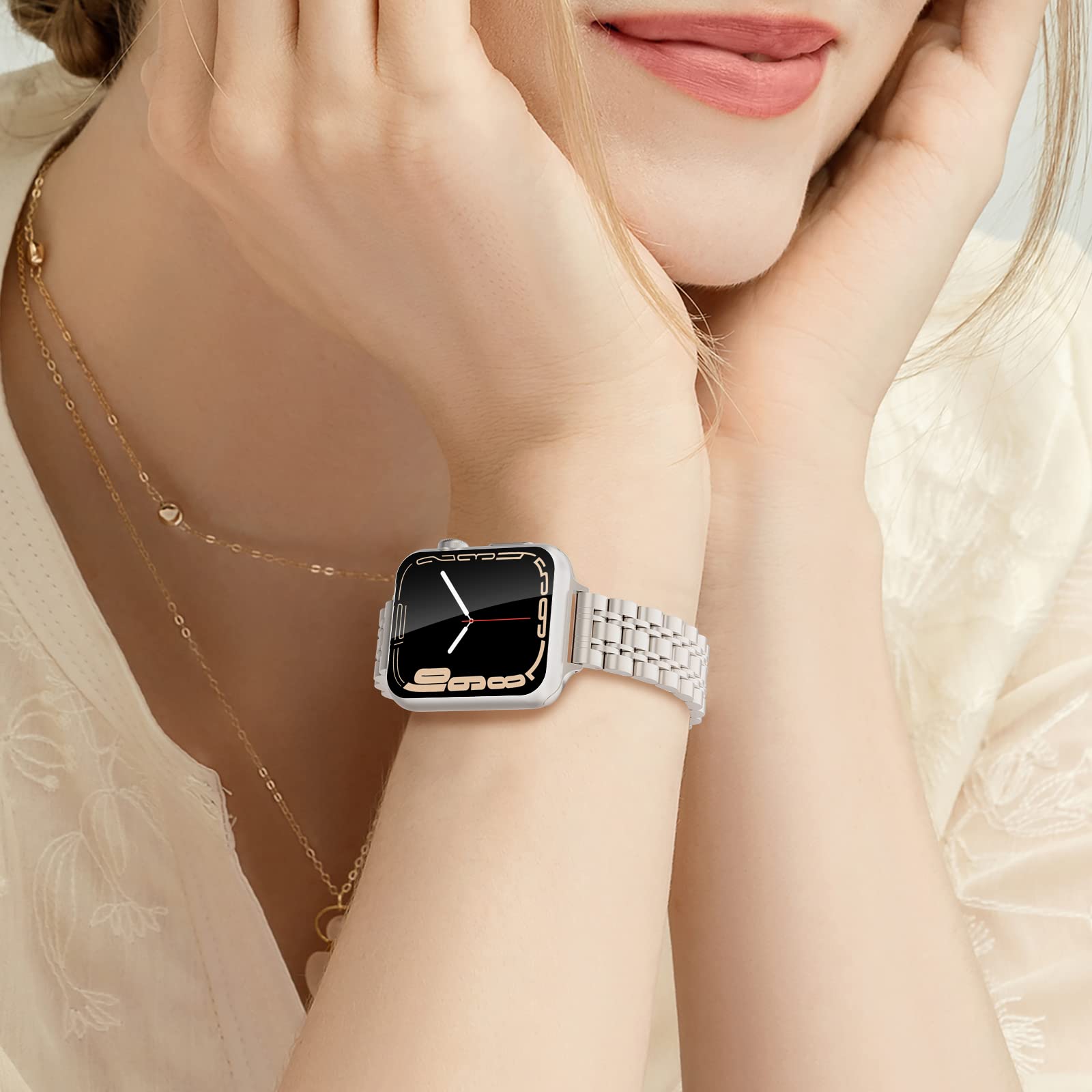 Slim Stainless Steel Metal Watch Band Compatible with Apple Watch 41mm 40mm 38mm 45mm 42mm 44mm 49mm - Thin Chain Link Strap for Women iWatch Series 9/8/7/SE/Ultra/6/5/4/3/2/1 - Perfect for Work, Gym & Everyday Wear