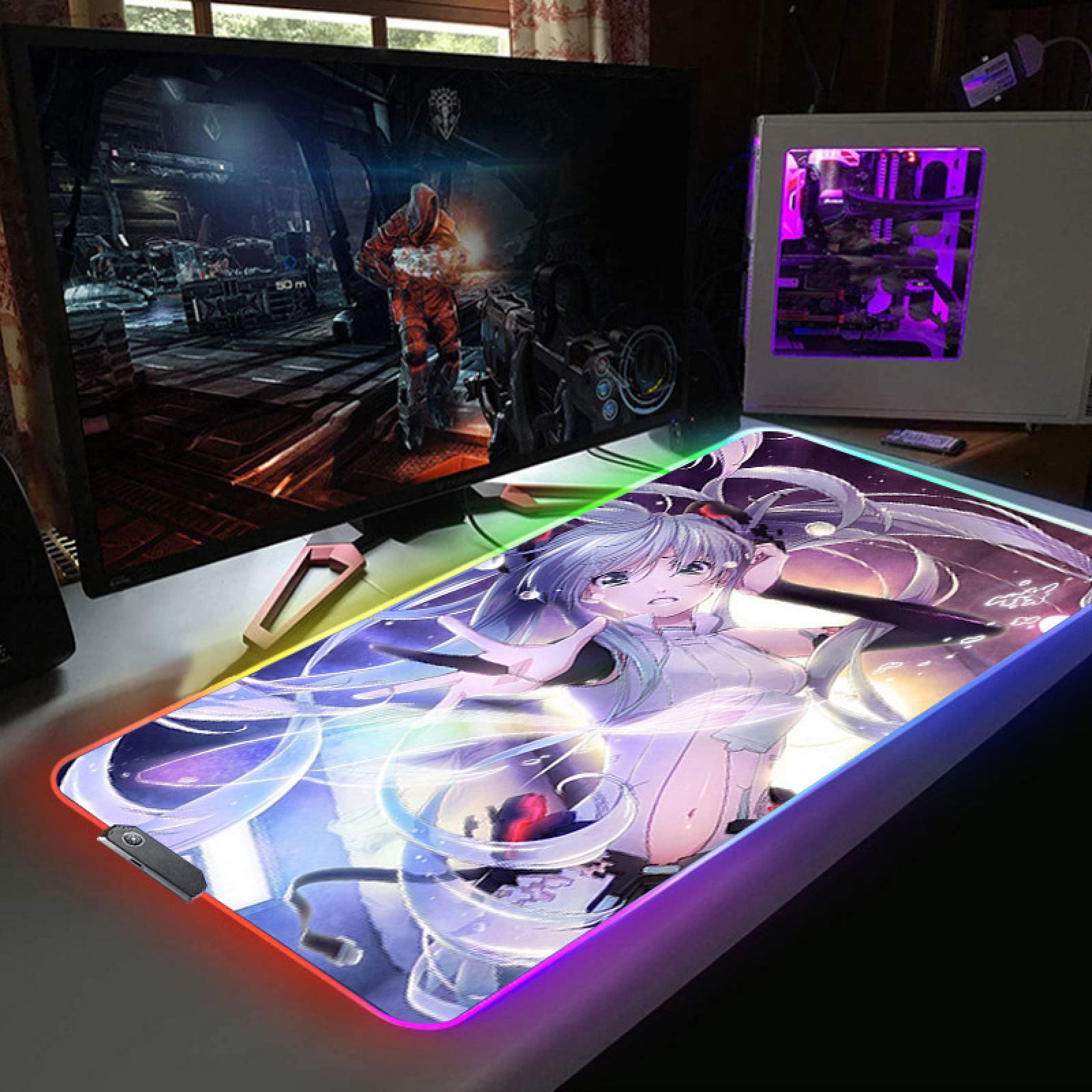 RGB Gaming Mouse Pad with LED Lights - Kawaii Anime Pretty Girl Design - Extra Large 11.8x23.6 Inch Non-Slip Base - Soft Extended Mouse Mat for Computer Keyboard Desk - Perfect for Gaming Setup, Home Office & Streaming Studio