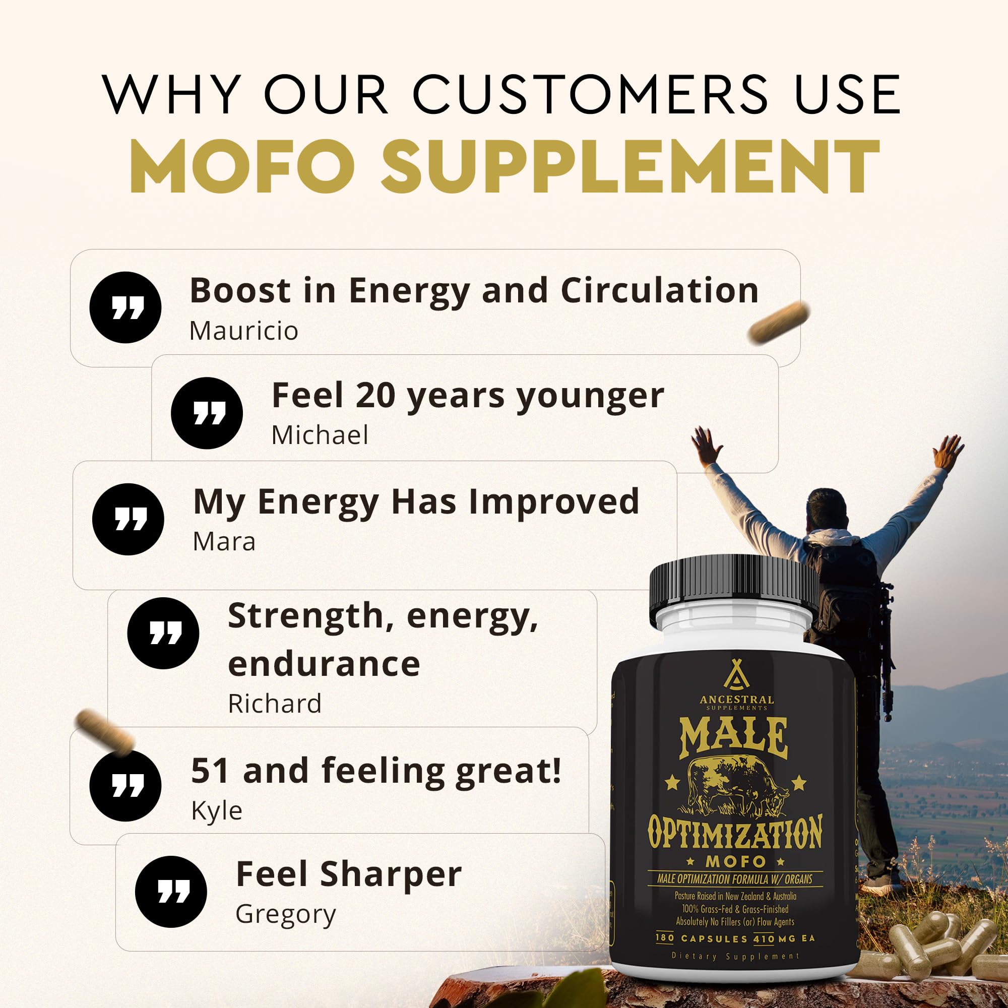 Ancestral Supplements Mofo - Natural Testosterone & Energy Booster for Men - Grass Fed Beef Liver Organ Supplement - Non-GMO, No Fillers - 180 Capsules - Supports Men's Health, Vitality & Workout Performance