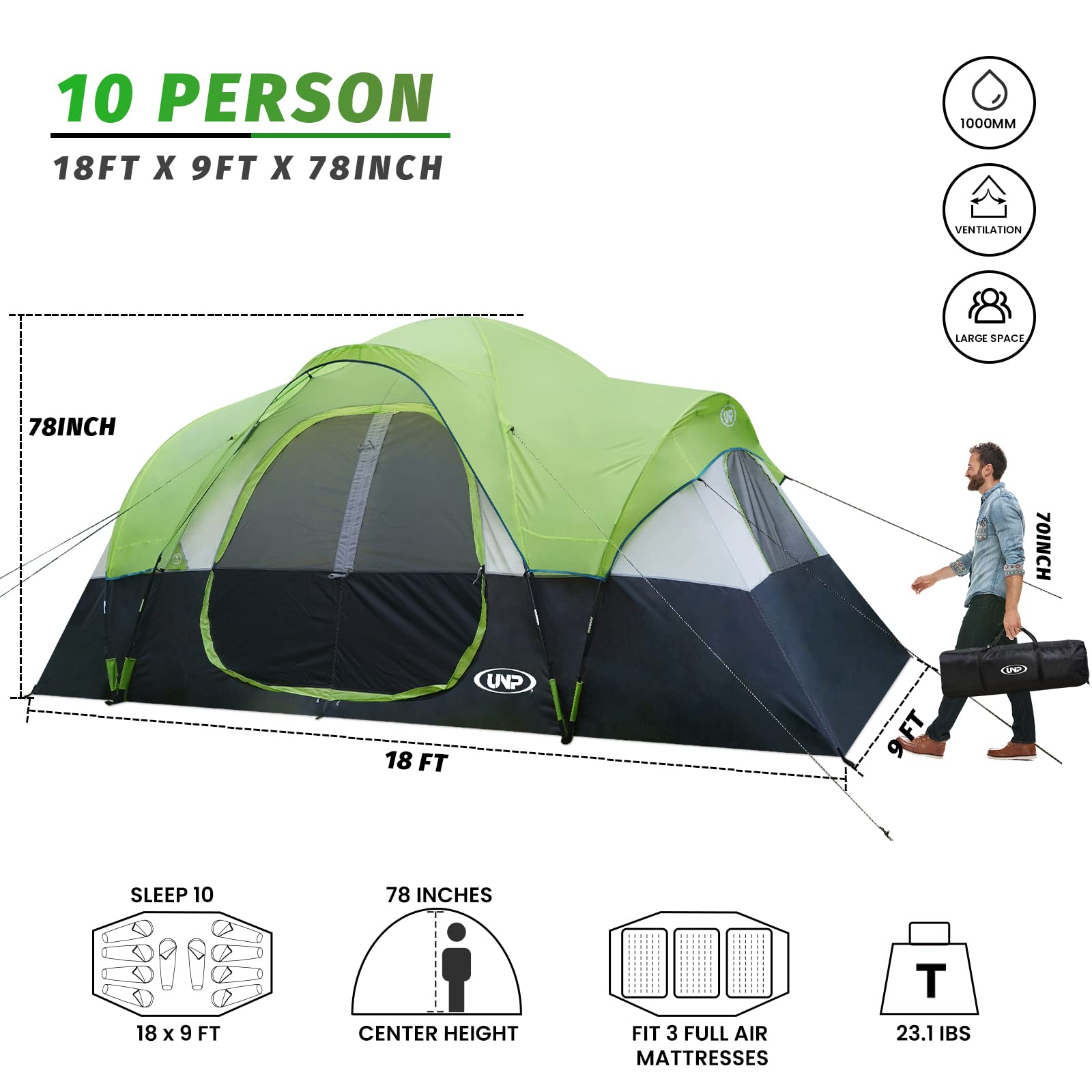 UNP 10-Person Family Camping Tent - Large Easy Setup, 2 Room, Waterproof & Weather Resistant for Outdoor Adventures - 18ft x 9ft x78in with 5 Mesh Windows - Perfect for Camping, Backpacking, Music Festivals, and Family Gatherings
