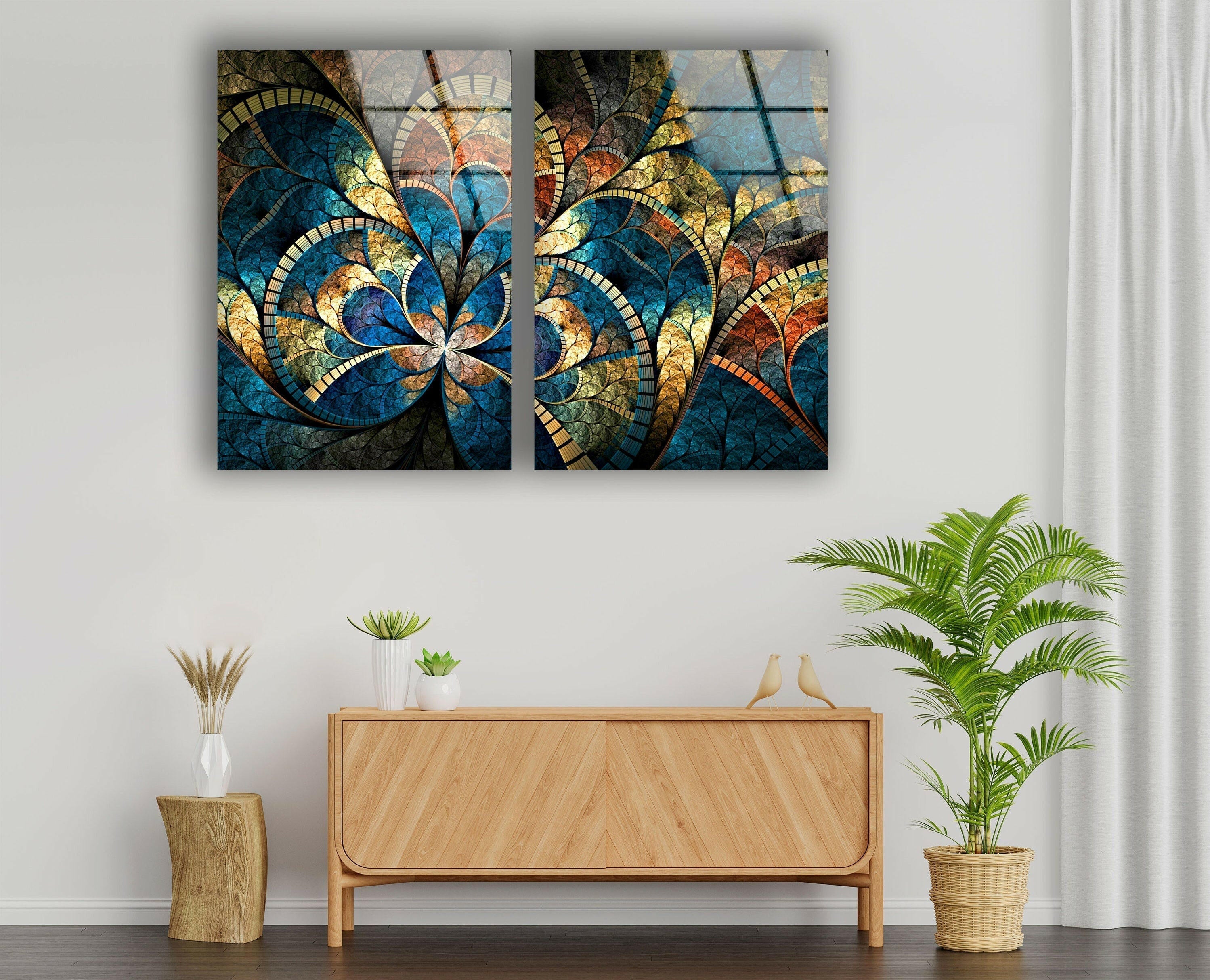 Handmade Blue Stained Floral Glass Wall Art - Elegant Home Decor for Living Room, Bedroom & Office - Perfect Gift for Housewarming & Wedding