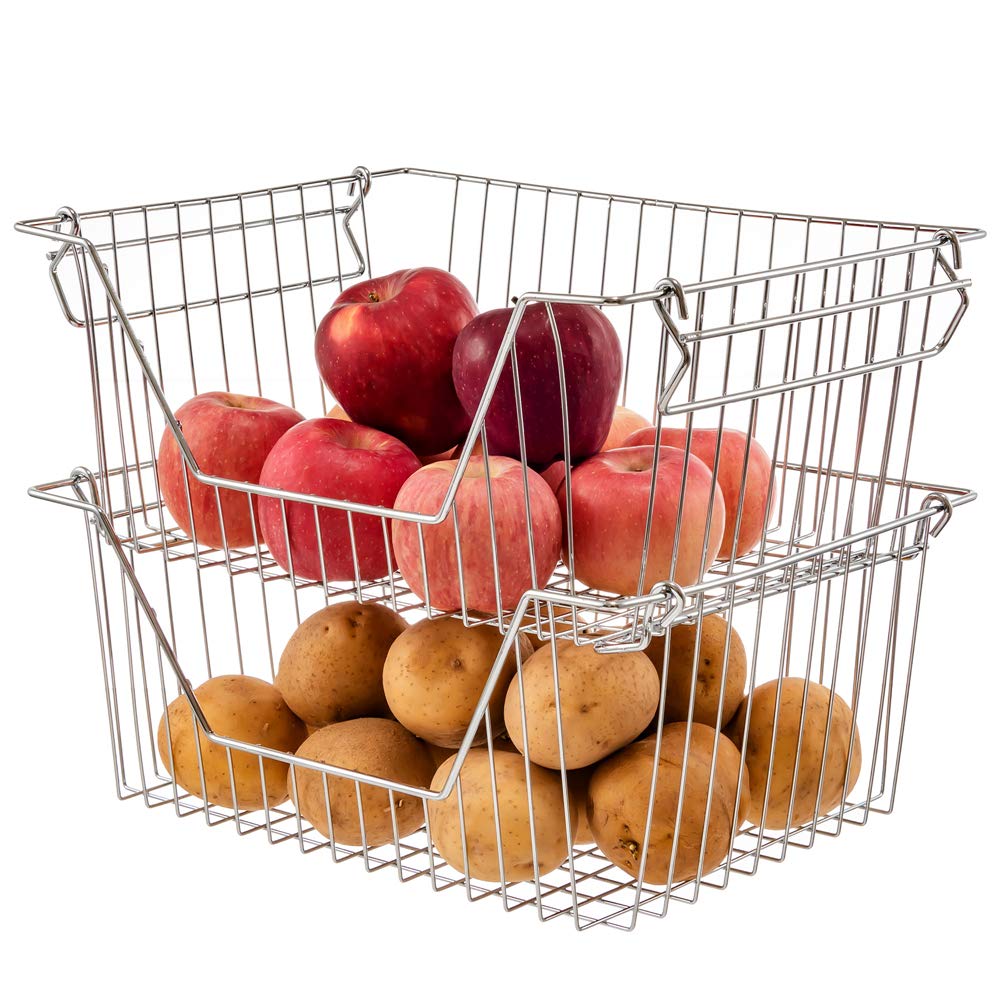 Stackable Metal Wire Baskets for Fruits & Vegetables - 2 Pack Kitchen Storage Bins for Pantry, Cabinet, Freezer Organization - Perfect for Organizing Produce, Snacks, and Kitchen Essentials