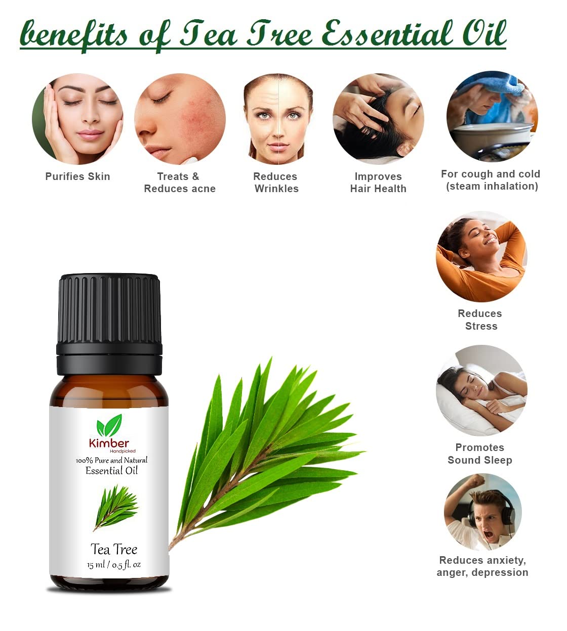 Kimber Tea Tree Essential Oil 100% Pure & Natural - Undiluted Therapeutic Grade for Skin, Hair, Face & Acne Care (15ml) - Perfect for Aromatherapy, DIY Beauty & Home Remedies