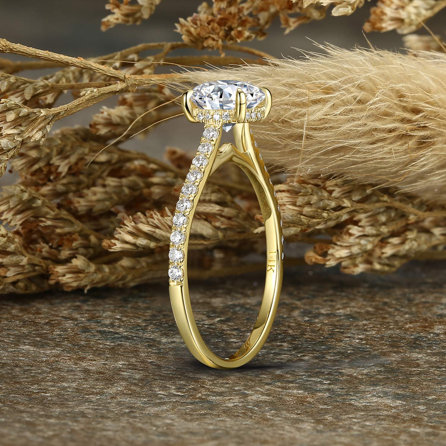 14K Solid Gold 1CT CZ Simulated Diamond Engagement Ring - 4-Prong Bridal Promise Ring Set for Women, Wedding Proposal, Anniversary Gift (6.5mm)