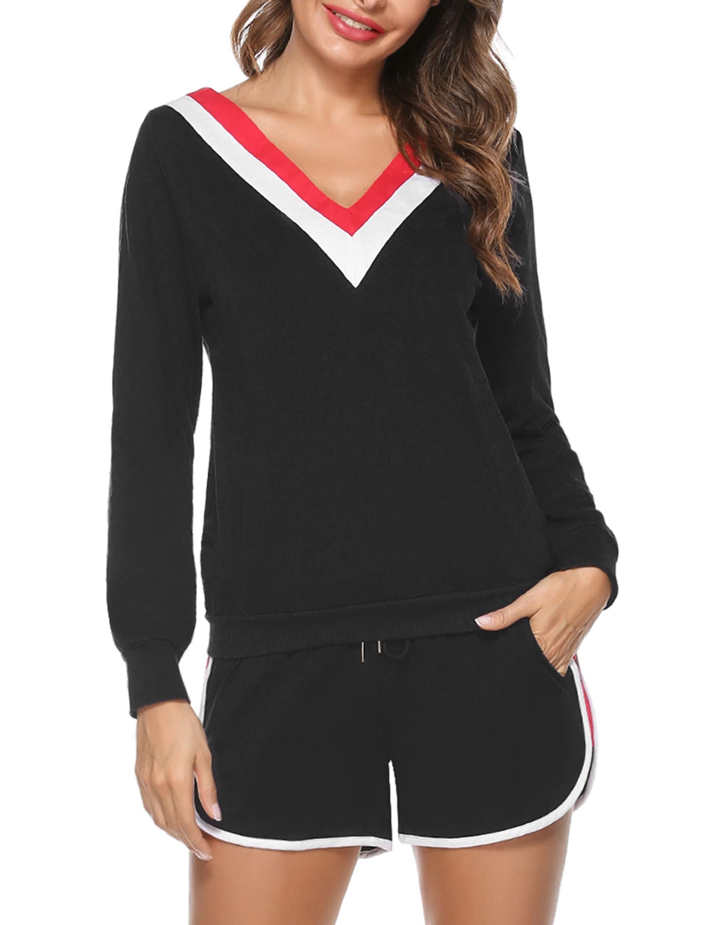 Totatuit Women's 2-Piece Lounge Set - Long Sleeve V-Neck Pullover & Jogger Pants with Pockets | Soft Casual Tracksuit for Home, Yoga, Running & Travel
