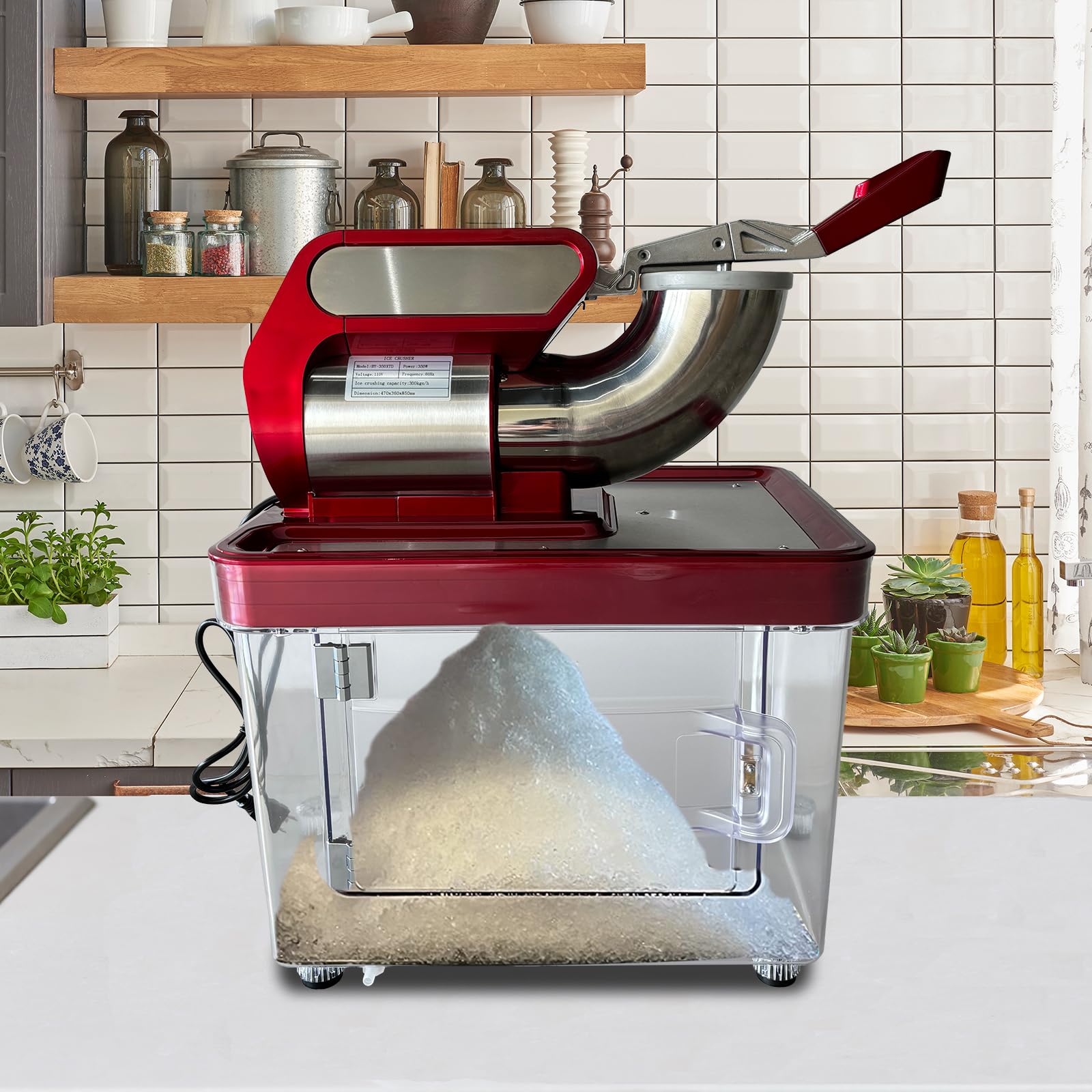110V Commercial Ice Crusher 350W - 661LBS/H Electric Snow Cone Machine with 4 Stainless Steel Blades - Shaved Ice Maker for Home, Restaurants, Bars - Perfect for Parties, Cocktails & Desserts (Red, Model 350XTD-4)