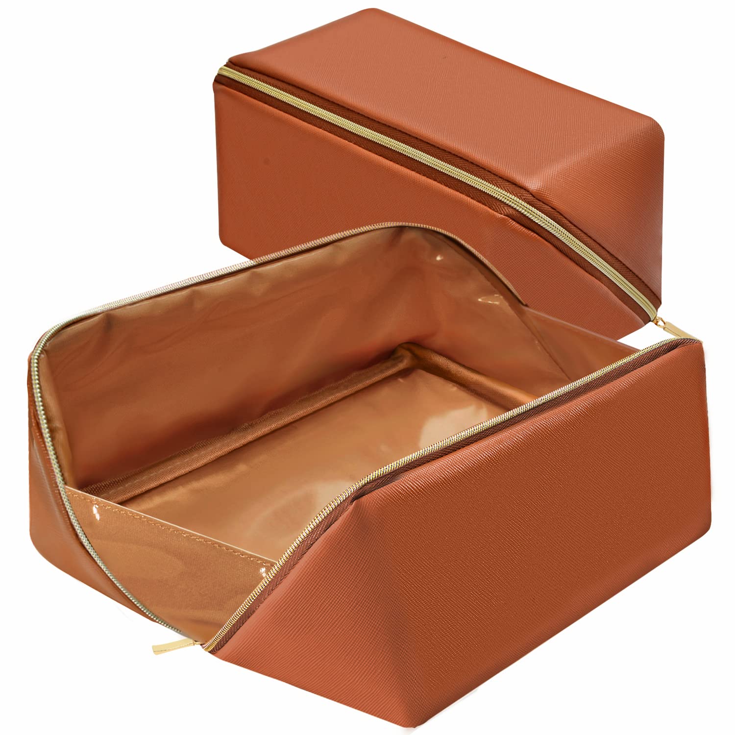 Waterproof Large Portable Makeup Bag - Flat Opening Cosmetic & Toiletry Organizer for Travel, Overnight Trips - Perfect for Cosmetics, Brushes, Pencils & Daily Essentials (Brown) | Ideal for Travelers, Students & Professionals On-The-Go