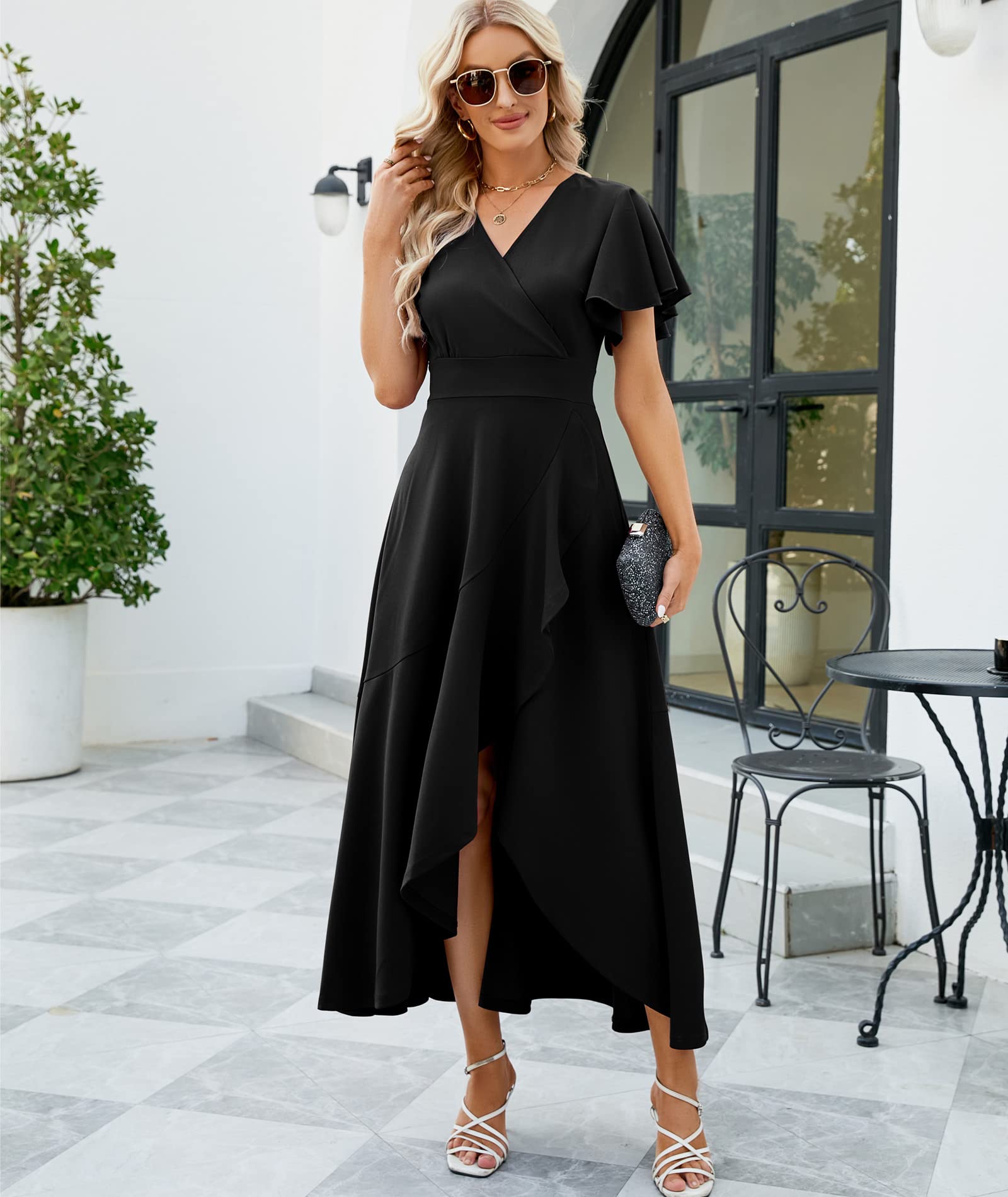 Elegant Long Black Formal Dresses for Women - V Neck Wrap Ruffle Evening Gown for Wedding Guest, Cocktail Party & Special Occasions