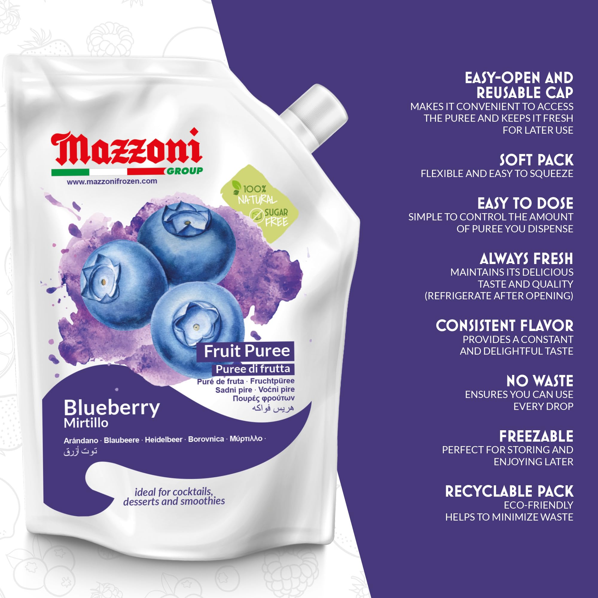 Mazzoni 100% Pure Blueberry Puree - No Sugar Added, 2.2 lbs (35.2 oz) - All Natural Fruit for Smoothies, Juices, Cocktails & Baking - Italian-Made Convenient Pouch - Perfect for Healthy Drinks, Desserts & Baby Food
