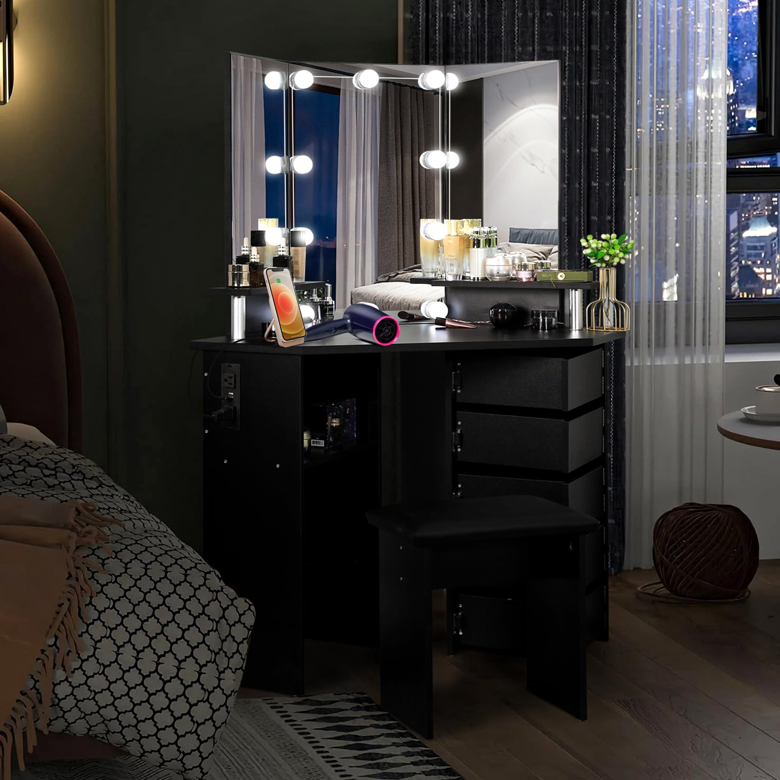 VOWNER Lighted Makeup Vanity Desk with Power Outlet - Adjustable 3-Color LED Mirror & 5 Rotating Drawers, Vanity Table with Stool & Shelves for Bedroom (Black) - Perfect for Beauty Routines & Small Space Organization