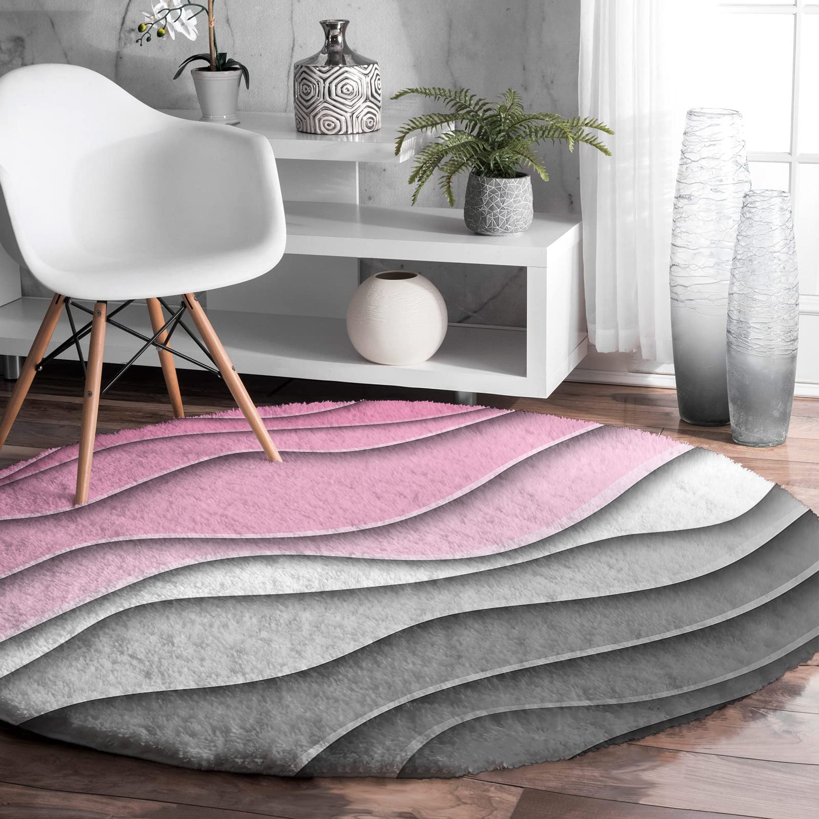Soft Plush Round Area Rugs for Kids Room & Nursery - 5ft Abstract Beach Aesthetic Grey to Pink Gradient Shaggy Carpet - Modern Home Decor for Living Room, Bedroom & Playroom - Cozy Floor Mat for Kids Play Area, Nursery Decor & Family Room