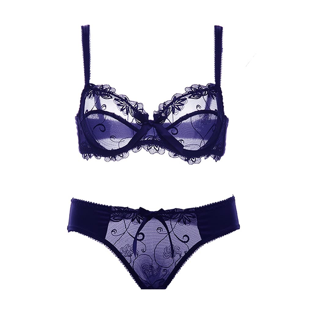 TWDYC Ultra-Thin Transparent Lace Bra & Panty Set for Women - Sexy Embroidery Underwear, Plus Size Lingerie in Navy Blue (80D, C/D Cup) | Perfect for Date Nights & Special Occasions