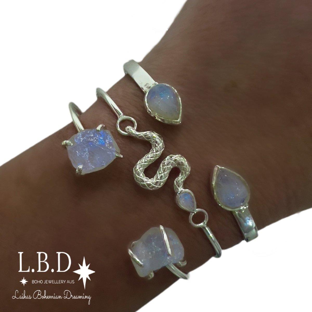 Laihas Moonstone Snake Bangle Bracelet - Elegant Adjustable Sterling Silver Jewelry for Women, Perfect for Boho Chic Outfits & Special Occasions