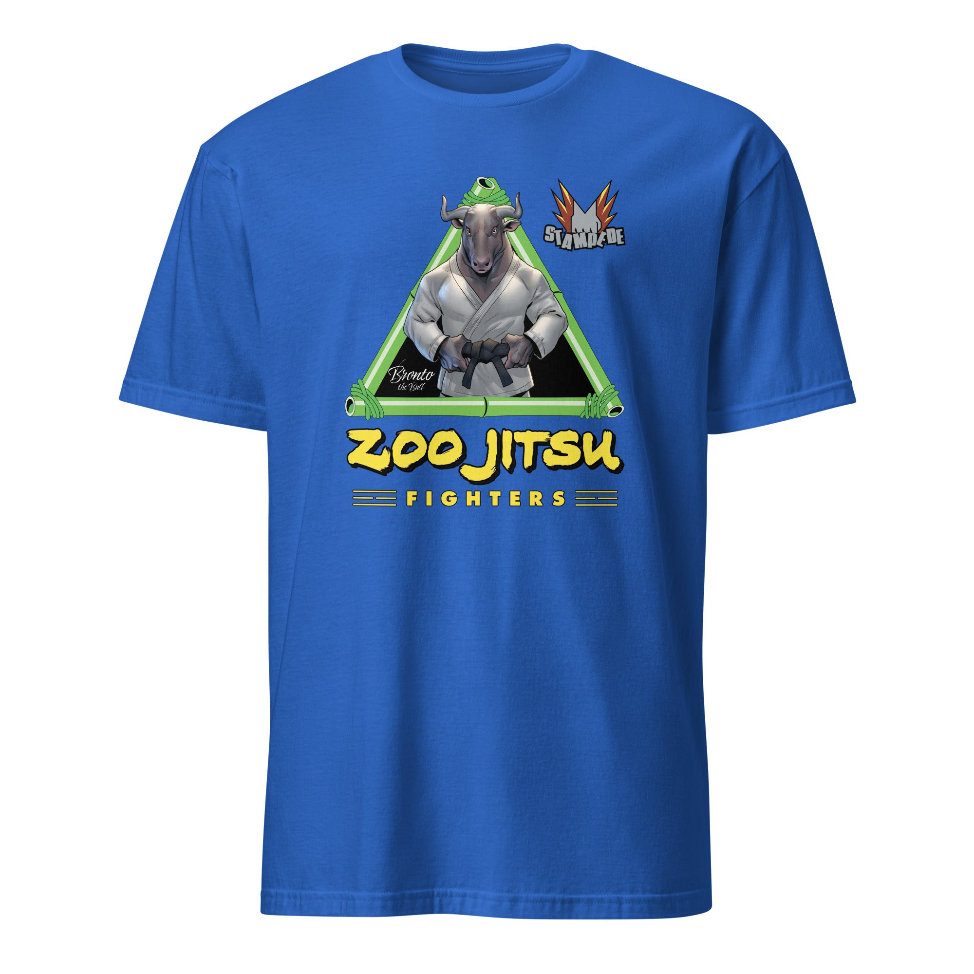 Zoo Jitsu Fighters Bronto the Bull Graphic T-Shirt - Unisex Short Sleeve Cotton Tee - Funny Animal MMA Shirt for Men & Women - Perfect for Gym, Casual Wear & Gifts