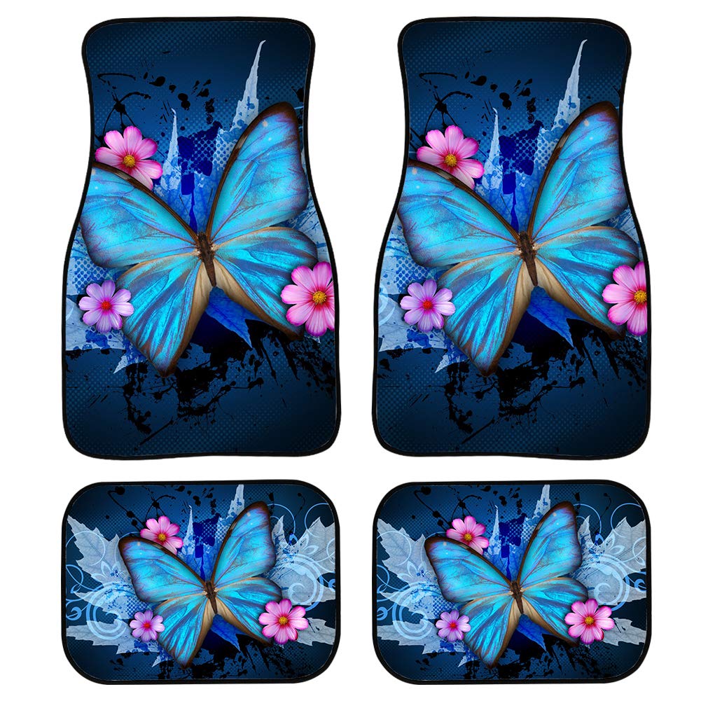 Blue Butterfly Print Rubber Car Floor Mats - Universal Fit for Cars, SUVs, Vans & Trucks (Set of 4) - Waterproof & Non-Slip Front & Rear Seat Protection for Everyday Driving & Road Trips