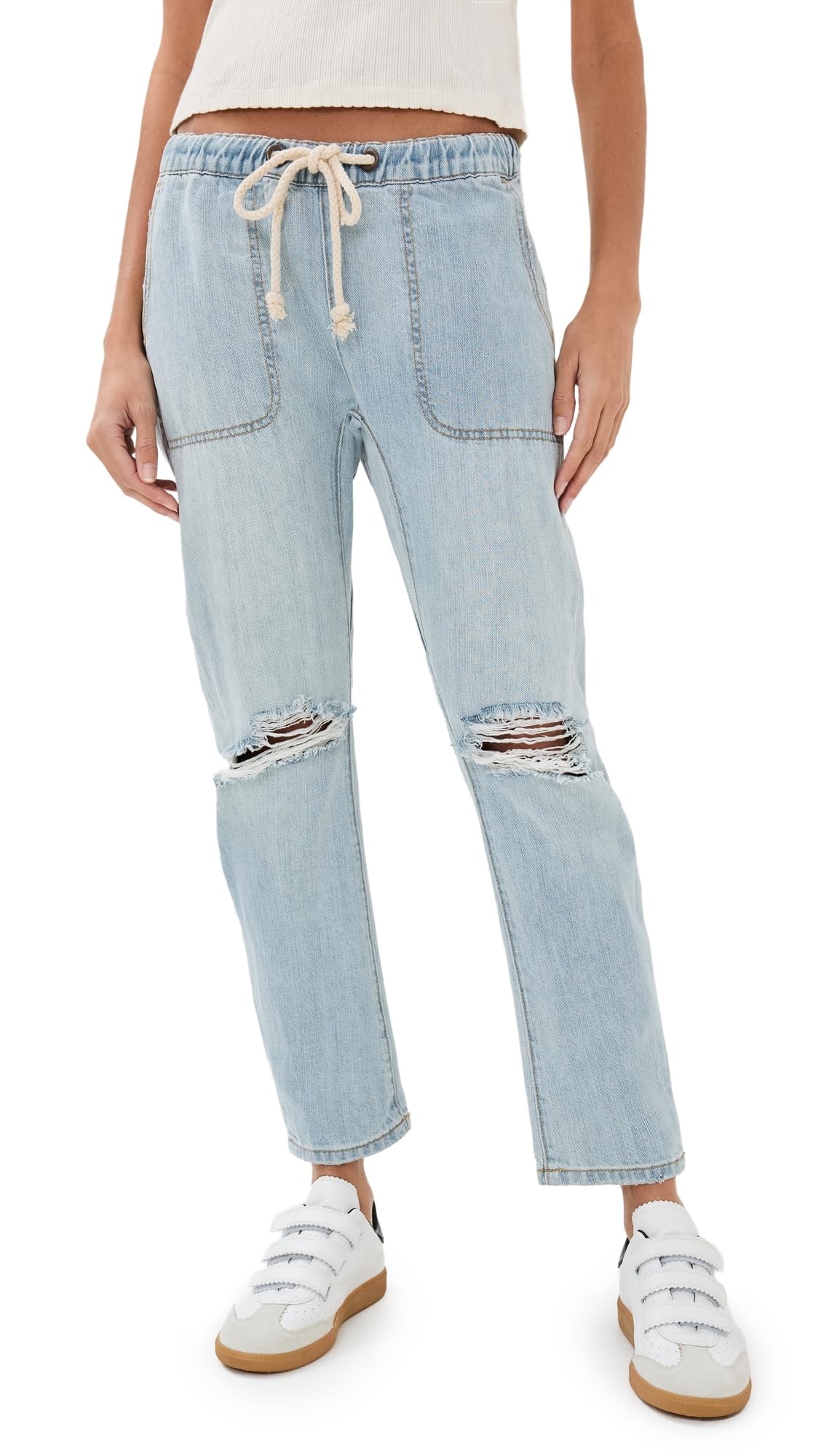One Teaspoon Women's Shabbies Drawstring Boyfriend Jeans - Distressed Denim Pants for Casual Wear, Street Style & Everyday Outfits