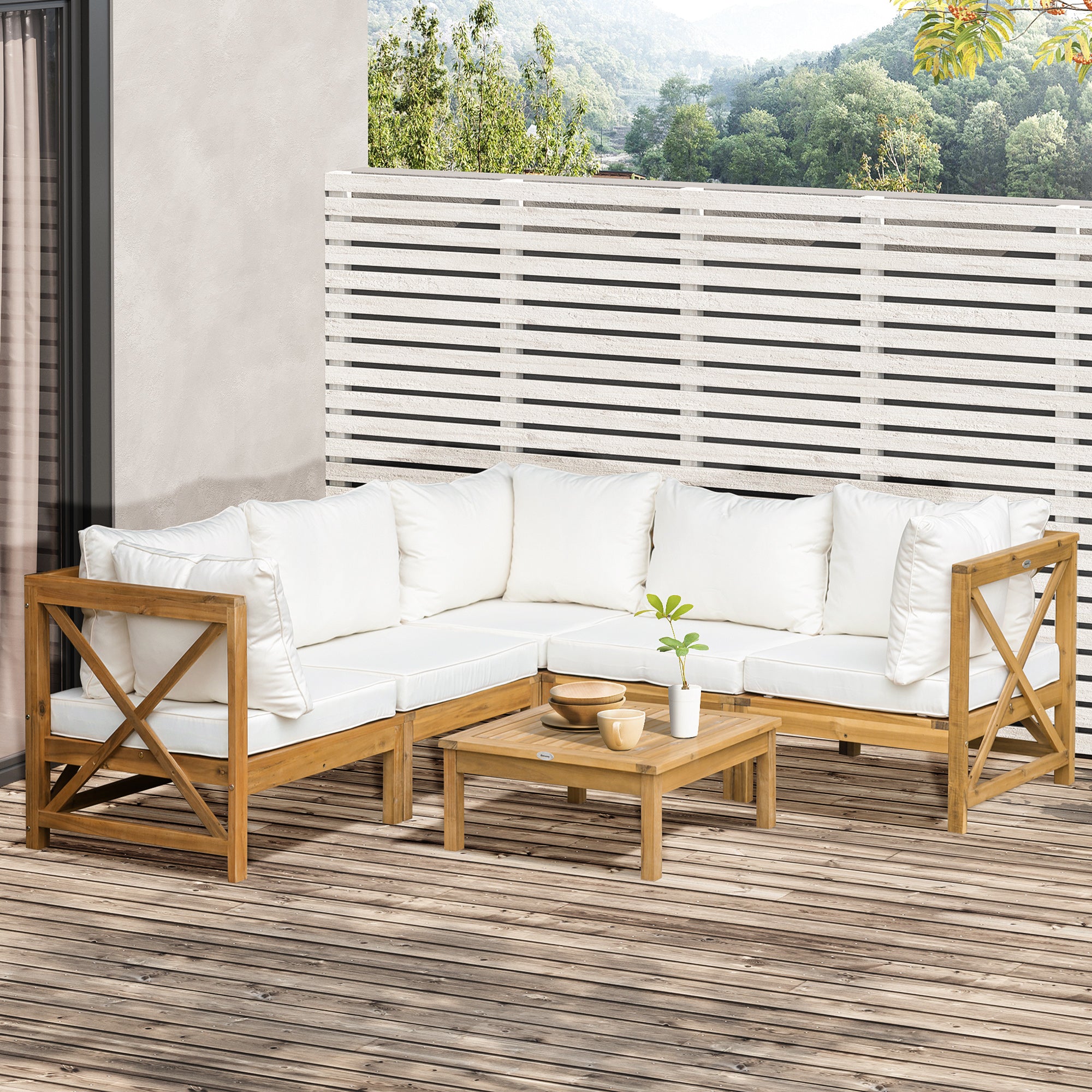Outsunny 6-Piece Cream White Wooden Patio Sofa Sectional Set with 5 Sofas, 1 Coffee Table, 5 Cushions & 8 Pillows - Outdoor Garden Furniture for Backyard, Poolside & Patio Relaxation