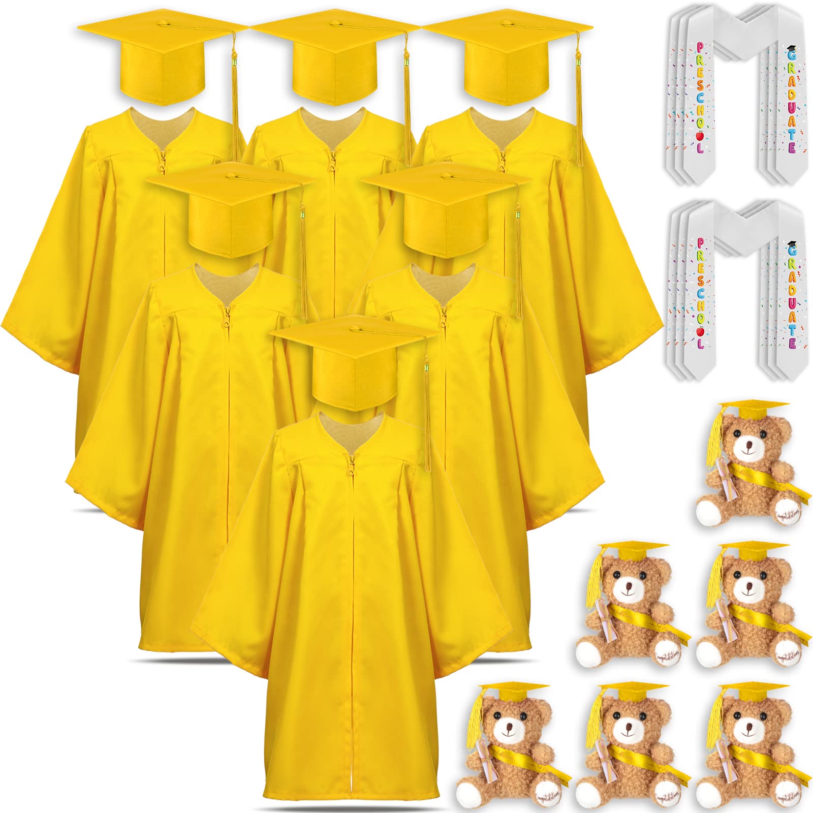 24-Piece Preschool Graduation Cap & Gown Set with Stole and Plush Bear - Bulk Kids Graduation Costumes for Kindergarten Ceremony, Photo Shoot & Party Celebration
