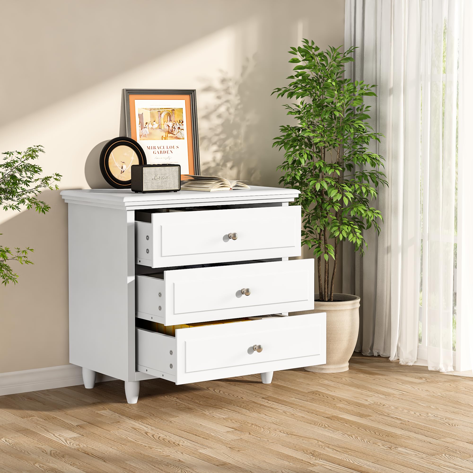 Modern White 3-Drawer Nightstand with Wood Legs - 15.75