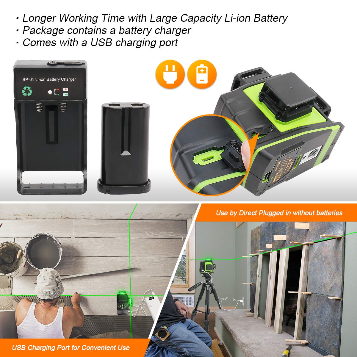 Huepar GF360G 3D Green Beam Self-Leveling Laser Level with 3 x 360° Cross Lines - Two Vertical & One Horizontal Plane Alignment Tool - Magnetic Pivoting Base for Construction, Tiling, and DIY Projects