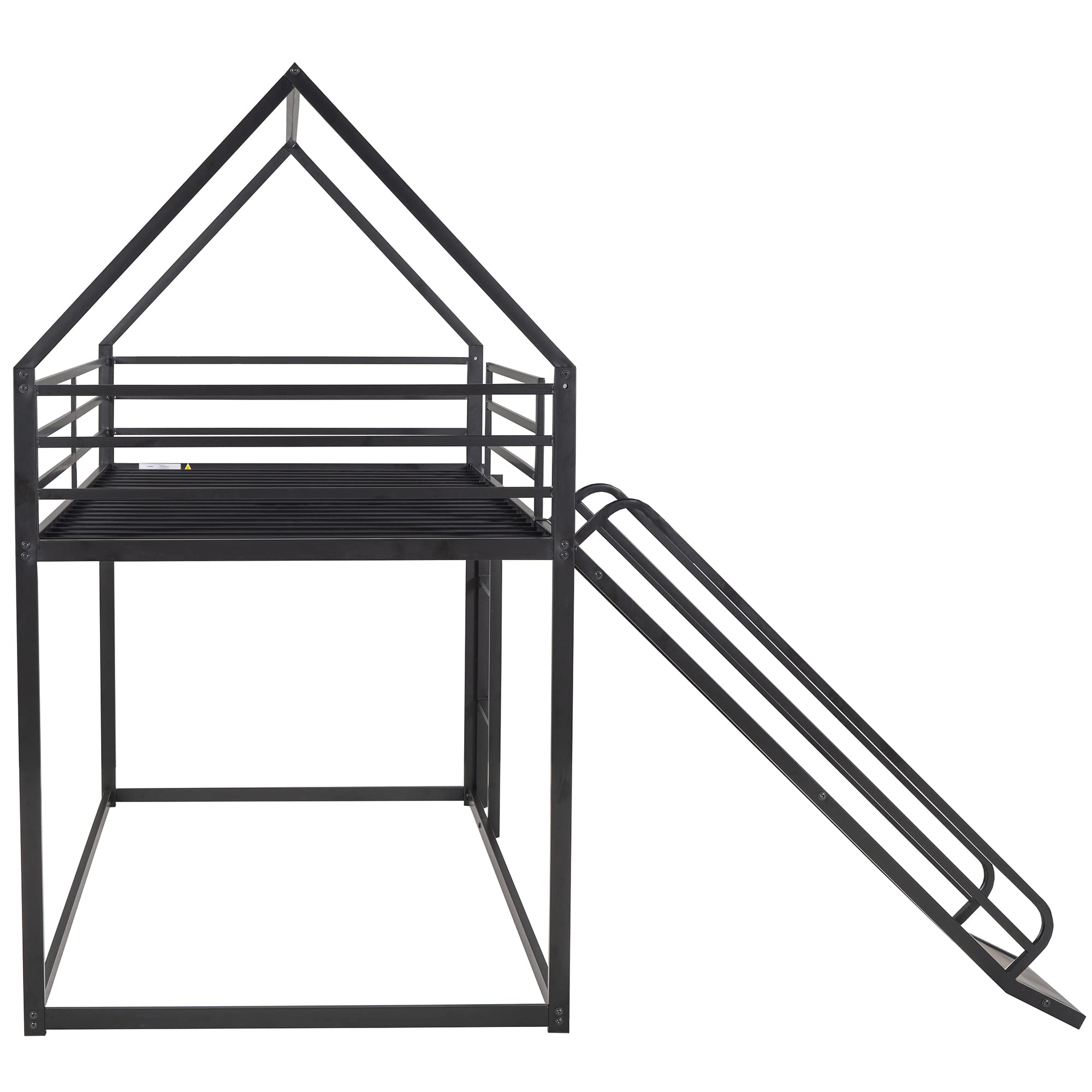 **Metal Bunk Beds with Slide for Kids - Twin Over Twin House Bunk Bed with Roof & Built-in Ladder - Space-Saving Loft Bed for Boys, Girls & Toddlers - Perfect for Small Bedrooms, Playrooms & Sleepovers (Black)**