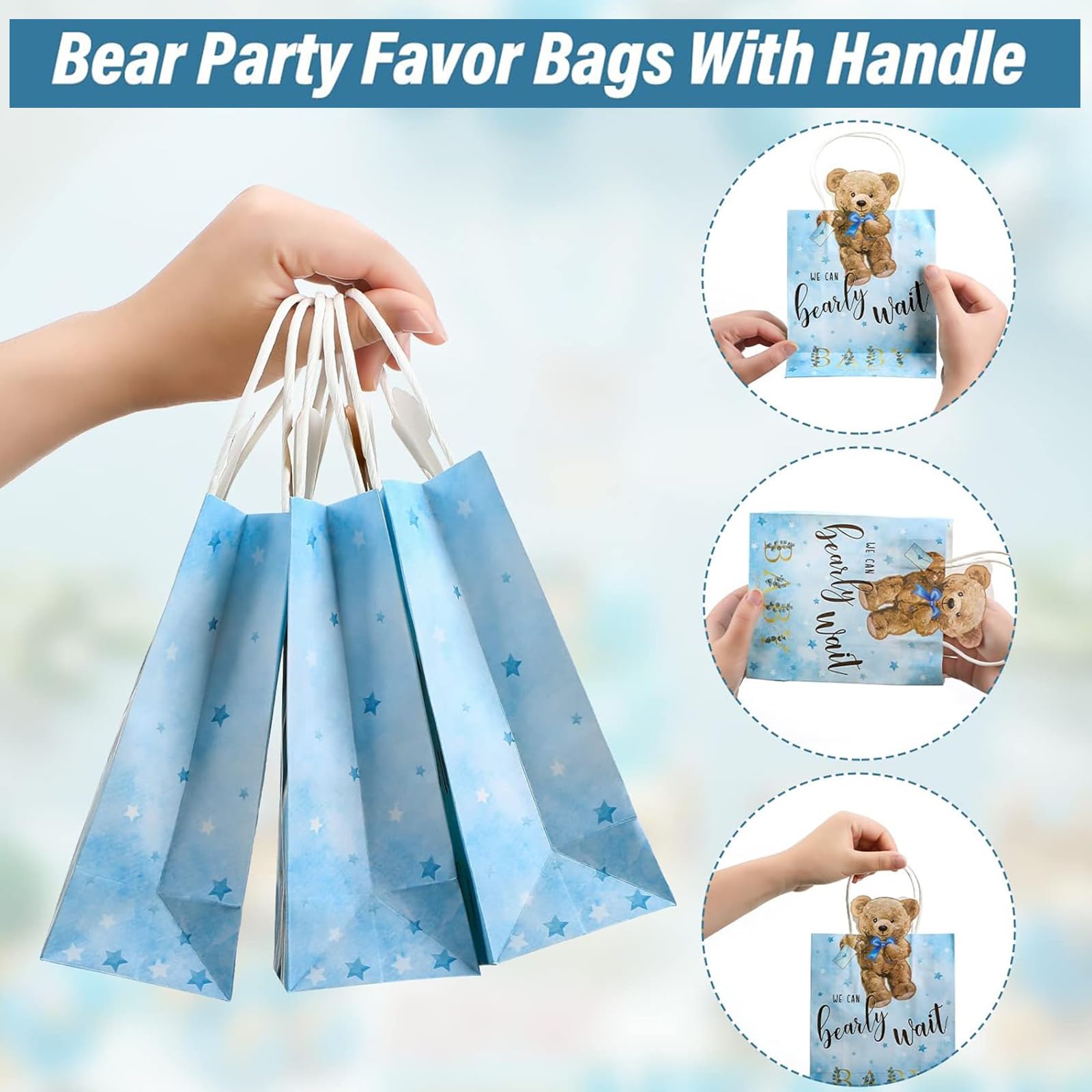 Tinlade 16 Pcs Bear-Themed Baby Shower Gift Bags with Handles | Cute 'We Can Bearly Wait' Baby Shower Party Favors | Perfect for Birthday Parties, Weddings & Game Prizes | Baby Shower Decorations & Celebration Supplies