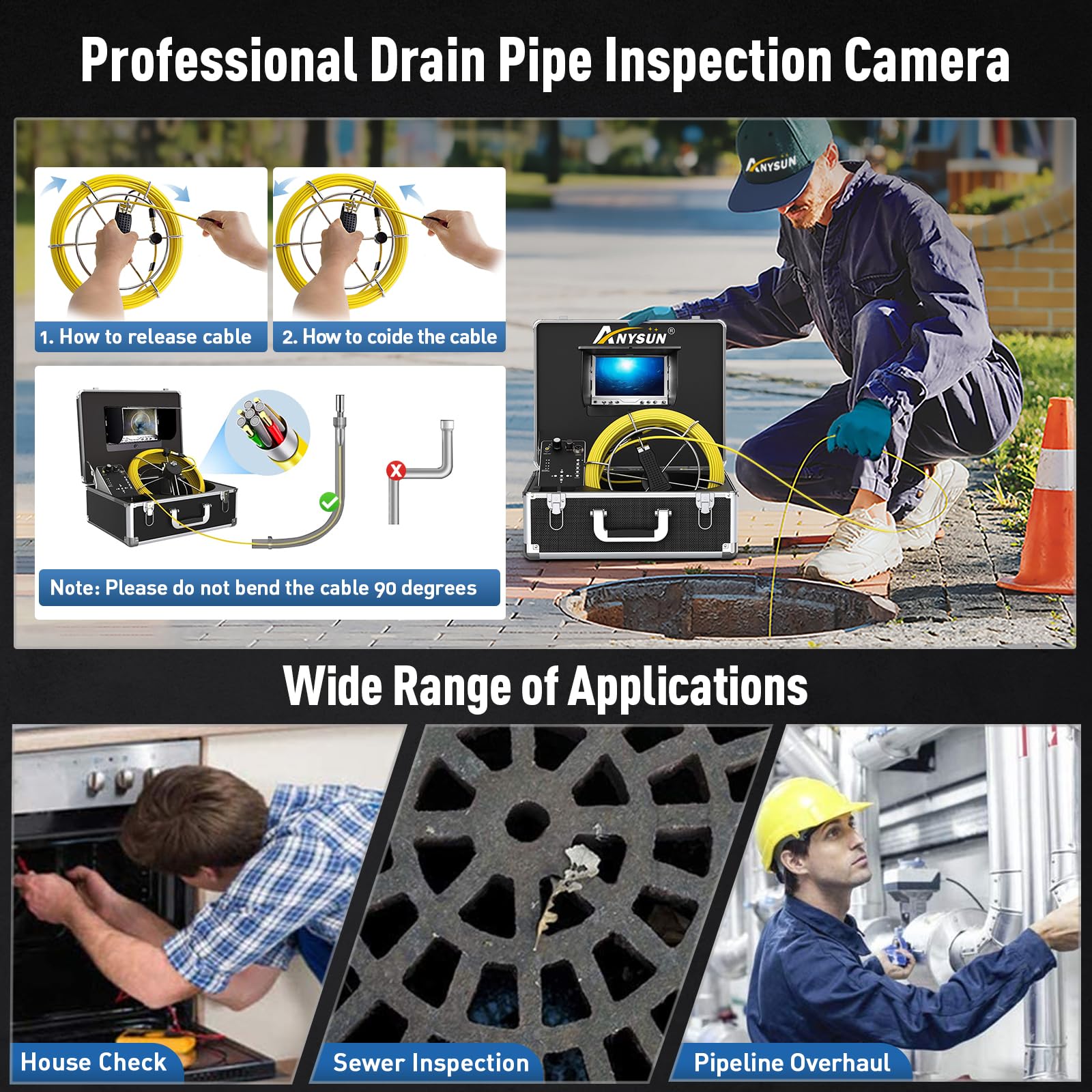 65FT Sewer Inspection Camera with DVR - IP68 Waterproof, 12 Adjustable LED Lights, Zoom Function & External Monitor Connection | Pipe & Drain Snake Camera for Sewer Line, Plumbing, Duct Inspection | Perfect for Professional Plumbers & DIY Home Maintenance
