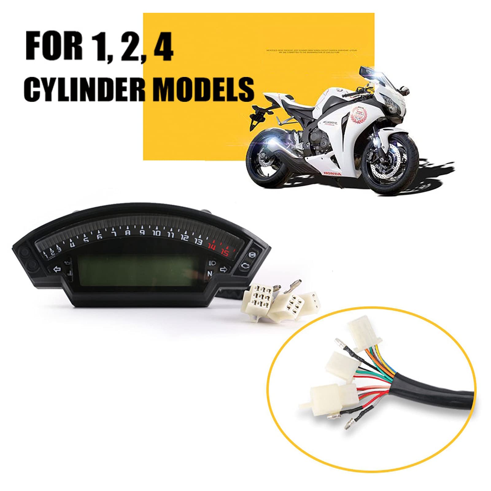 Universal Motorcycle LCD TFT Digital Speedometer - 14000RPM, 6 Gear Backlight Odometer for 1/2/4 Cylinder Bikes | Perfect for Street Bikes, Cruisers & Touring Motorcycles