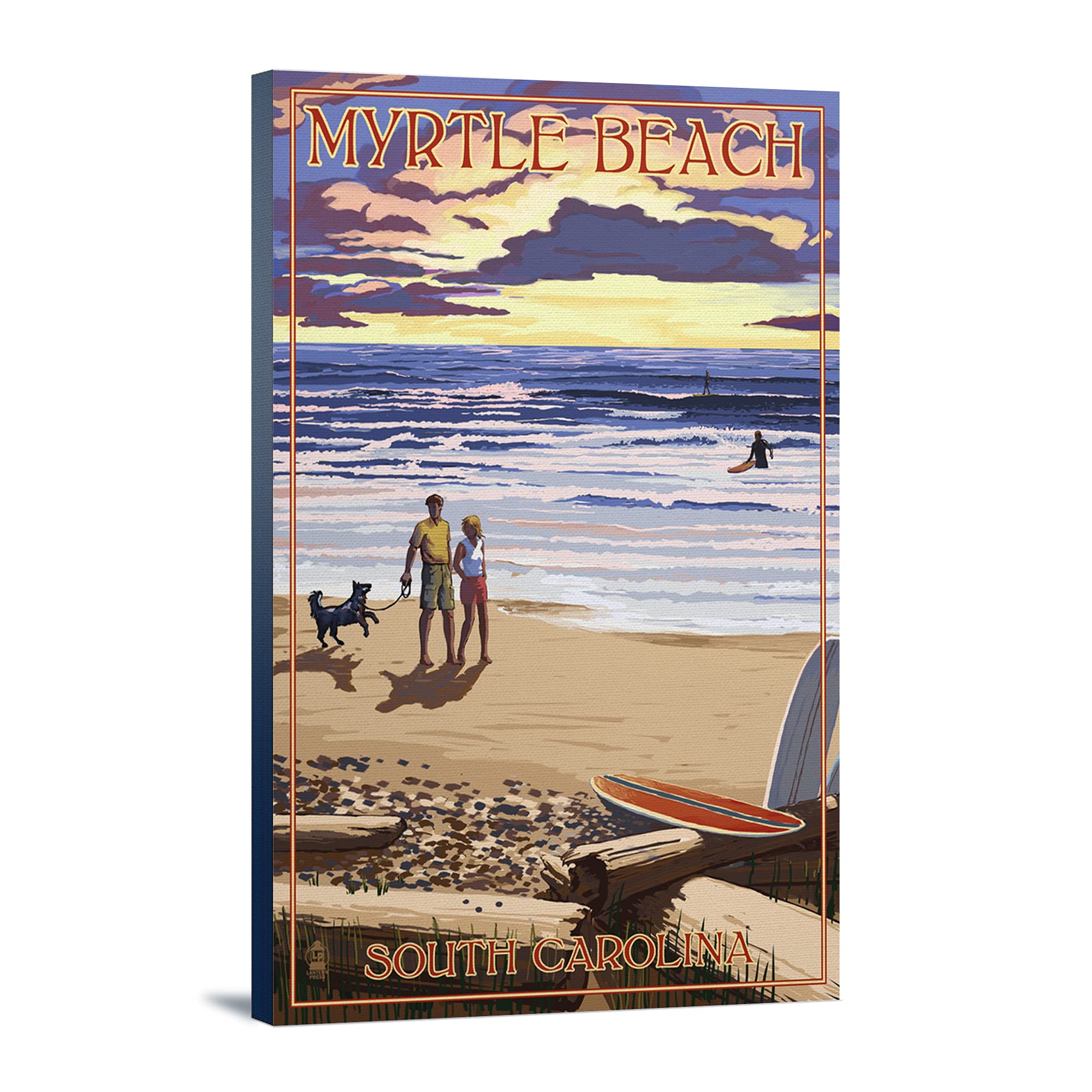 Lantern Press Myrtle Beach South Carolina Wall Art - 24x36 Wrapped Canvas Print of Beach Walk & Surfers - Coastal Home Decor for Living Room, Bedroom or Office