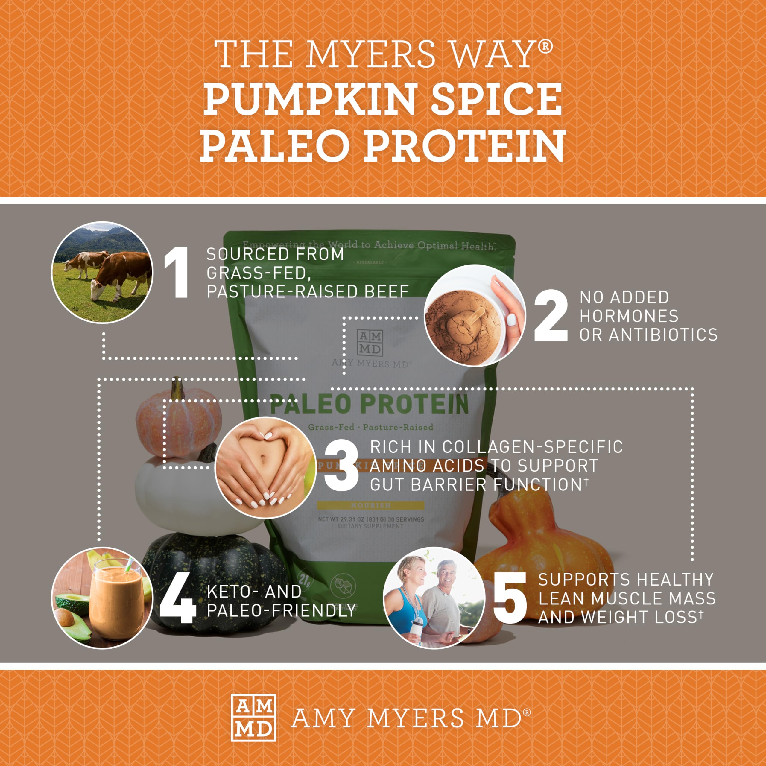 Amy Myers MD Pure Paleo Protein Powder - Grass Fed, Hormone Free, Non-GMO, Gluten & Dairy Free - Keto & Paleo Friendly Protein Supplement - 29.31 Oz Pumpkin Spice Flavor - Ideal for Smoothies, Baking & Post-Workout Recovery