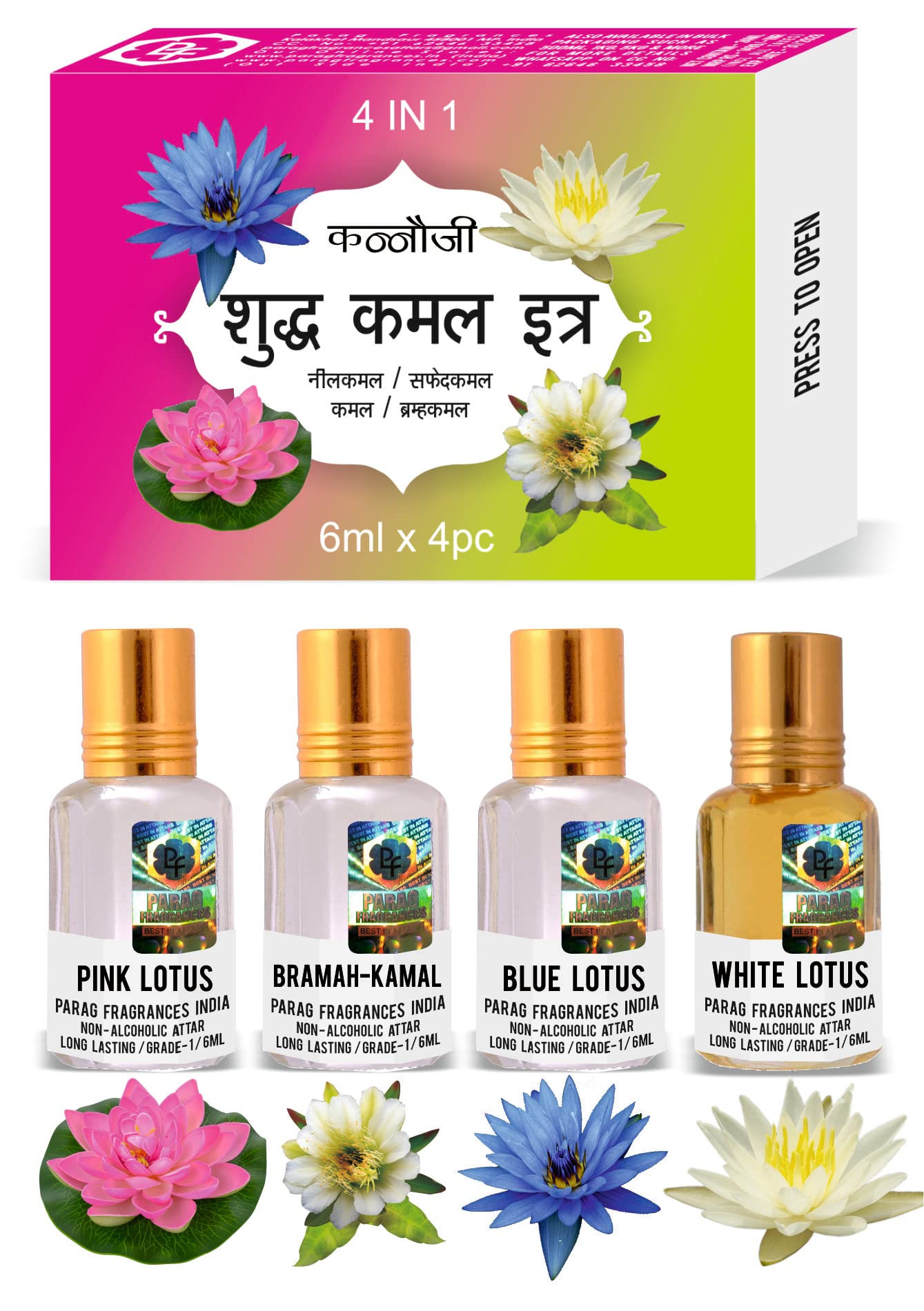 Parag Fragrances Lotus 4-in-1 Natural Long Lasting Liquid Perfume for Men - Alcohol-Free Attar, 25ml | Fresh Scent for Daily Wear, Pooja & Worship Rituals