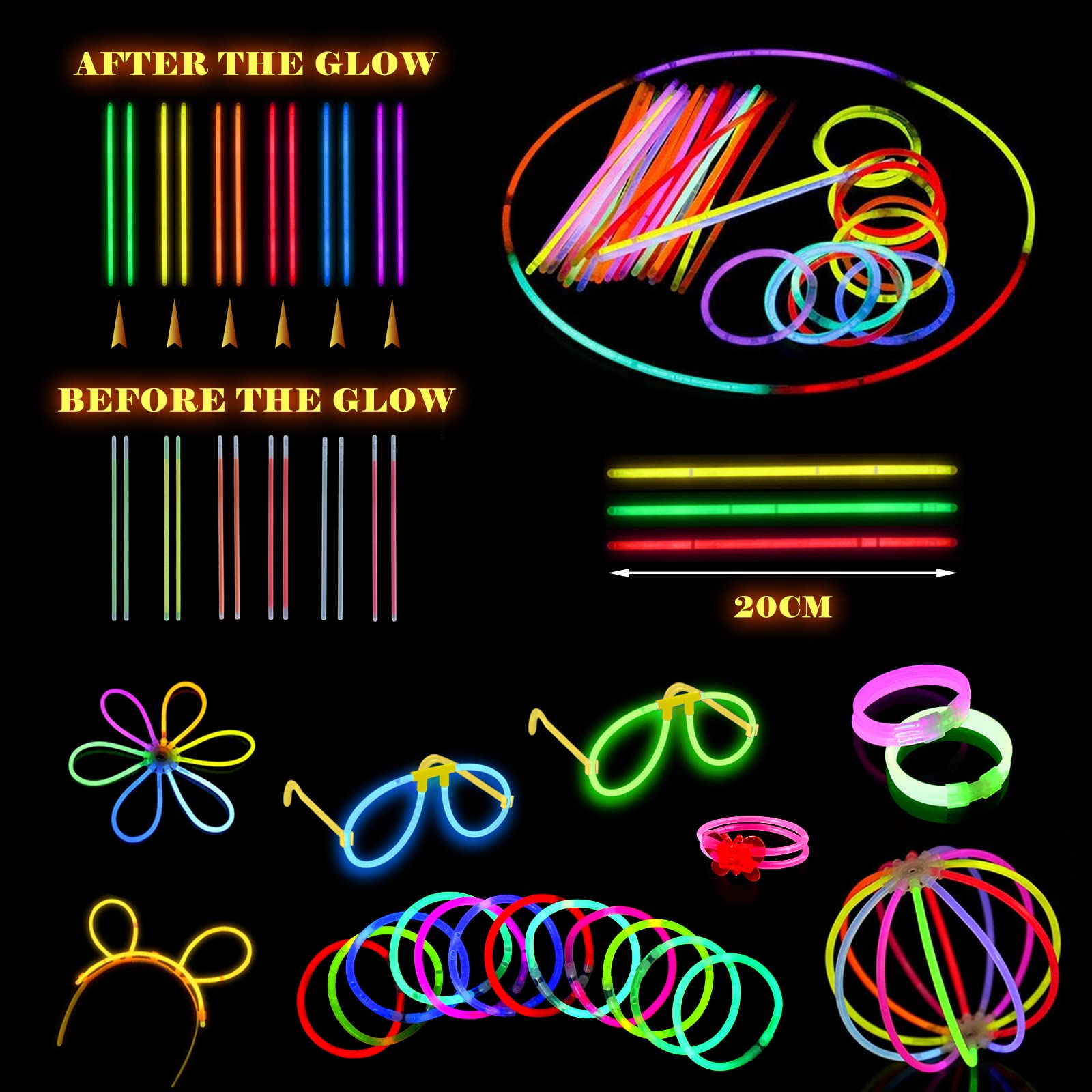 224PCS Glow Sticks Party Pack - Glow Stick Bracelets & Necklaces for Kids & Adults - Neon Glow in the Dark Party Supplies - Perfect for Birthday, Rave, Halloween & Night Events