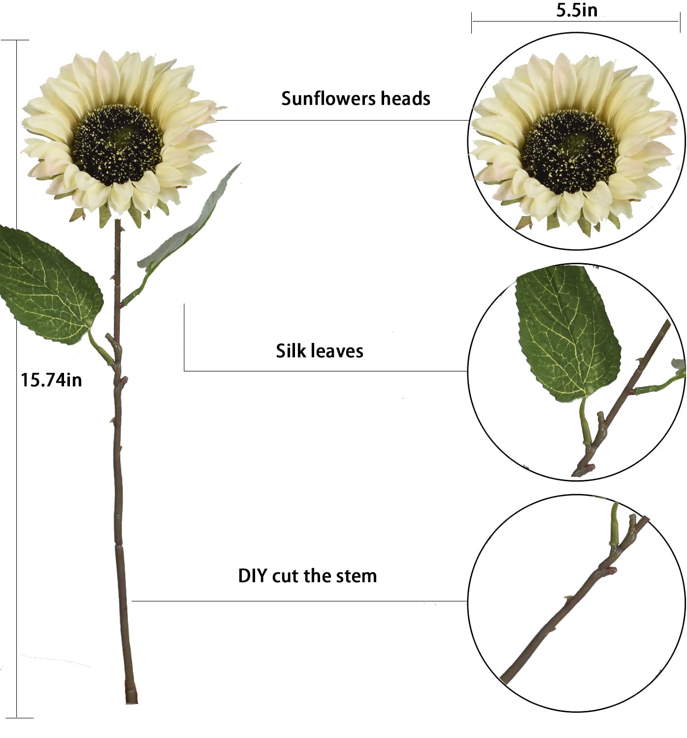 8 Pack Artificial Sunflower Stems - Realistic Silk Fake Sunflowers for Wedding Bouquets, Bridal Decor, Home & Outdoor Arrangements - Long Stem Yellow Flowers for Centerpieces, Parties & Events