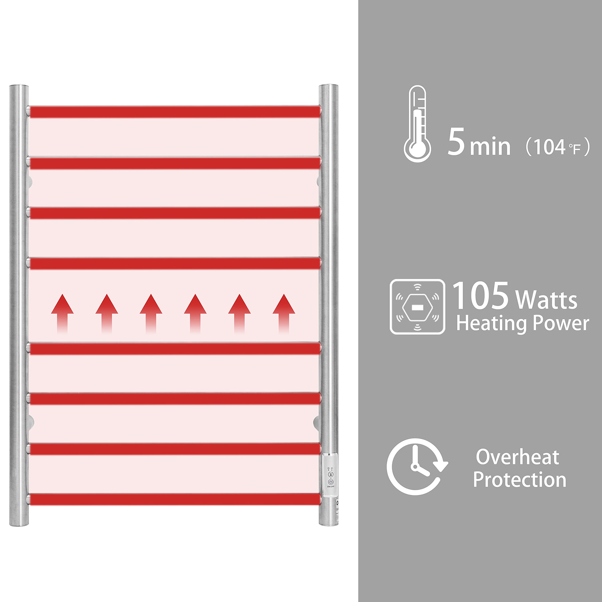 Stainless Steel Electric Heated Towel Rack - 8 Bar Wall Mounted Bathroom Towel Warmer with Built-in Timer & Brushed Nickel Finish (TW-8-BN) | Perfect for Spa-Like Bathroom Luxury & Warm Towels After Shower