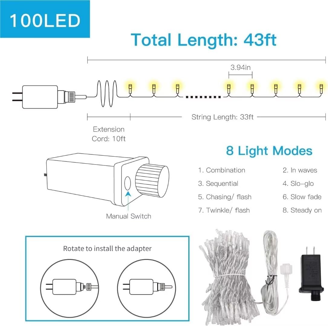 33FT 100 LED Warm White Fairy String Lights with Remote & Timer - Indoor/Outdoor Christmas Decor for Bedroom, Tree, Patio, Garden Party | Perfect for Holiday, Wedding, and Spring Decoration