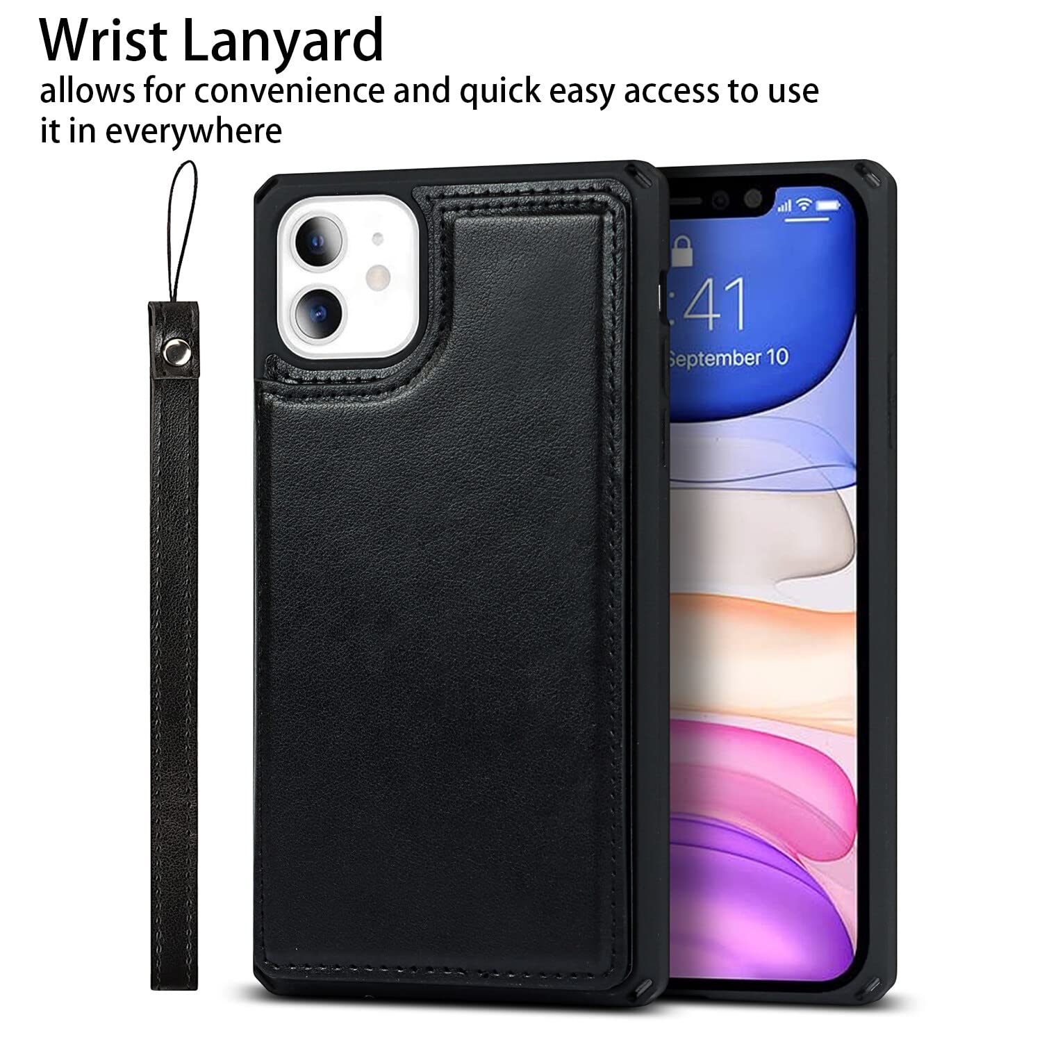 Premium Leather iPhone 11 Wallet Case with Card Holder & Wrist Strap - Shockproof Protective Cover with Stand Feature for Men & Women | Perfect for Travel, Shopping & Everyday Use (Macaron Black)
