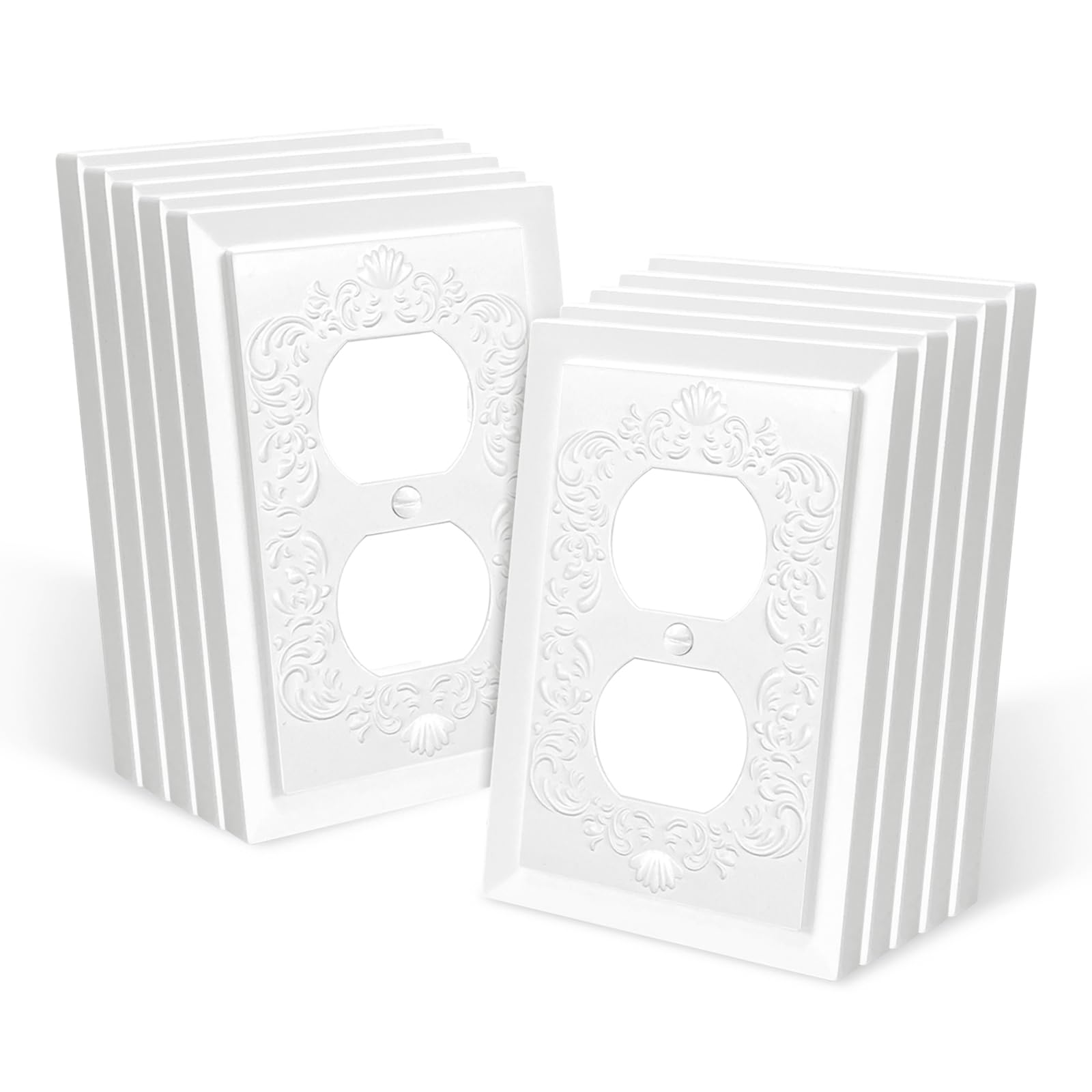 Petal Relief Design White Modern Decorative Outlet Covers & Light Switch Plates - Classic Style Duplex Receptacle Wall Plates, 4.9 x 3.1 Inch (10-Pack) - Perfect for Living Room, Bedroom & Office Decor