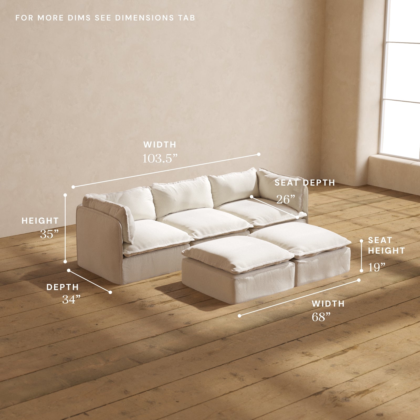 Premium Modular Performance 3-Seater Sofa with Ottoman Bench in Luxe Fabric - Perfect for Living Room, Family Room & Home Theater Comfort