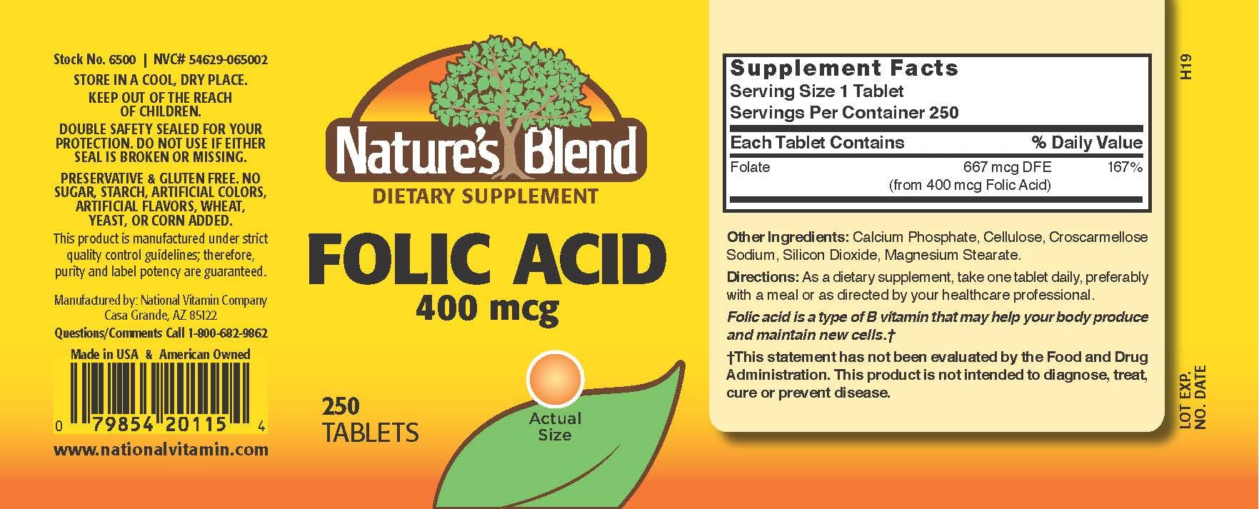 Nature's Blend Folic Acid 400mcg Supplement - 250 Tablets for Prenatal Care & Heart Health Support | Essential Vitamin B9 for Women & Men